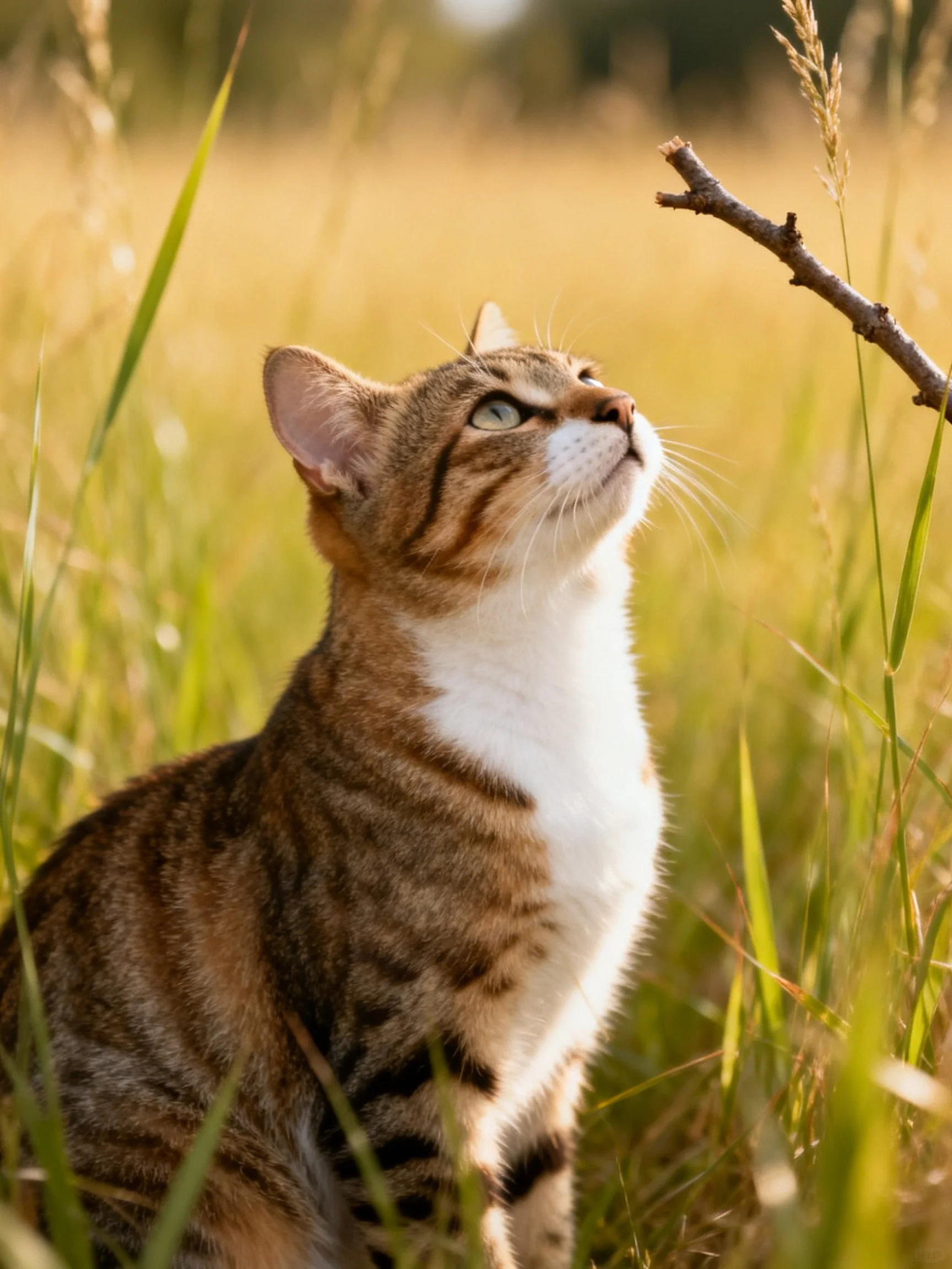 A curious tabby cat gazing upward in golden grass