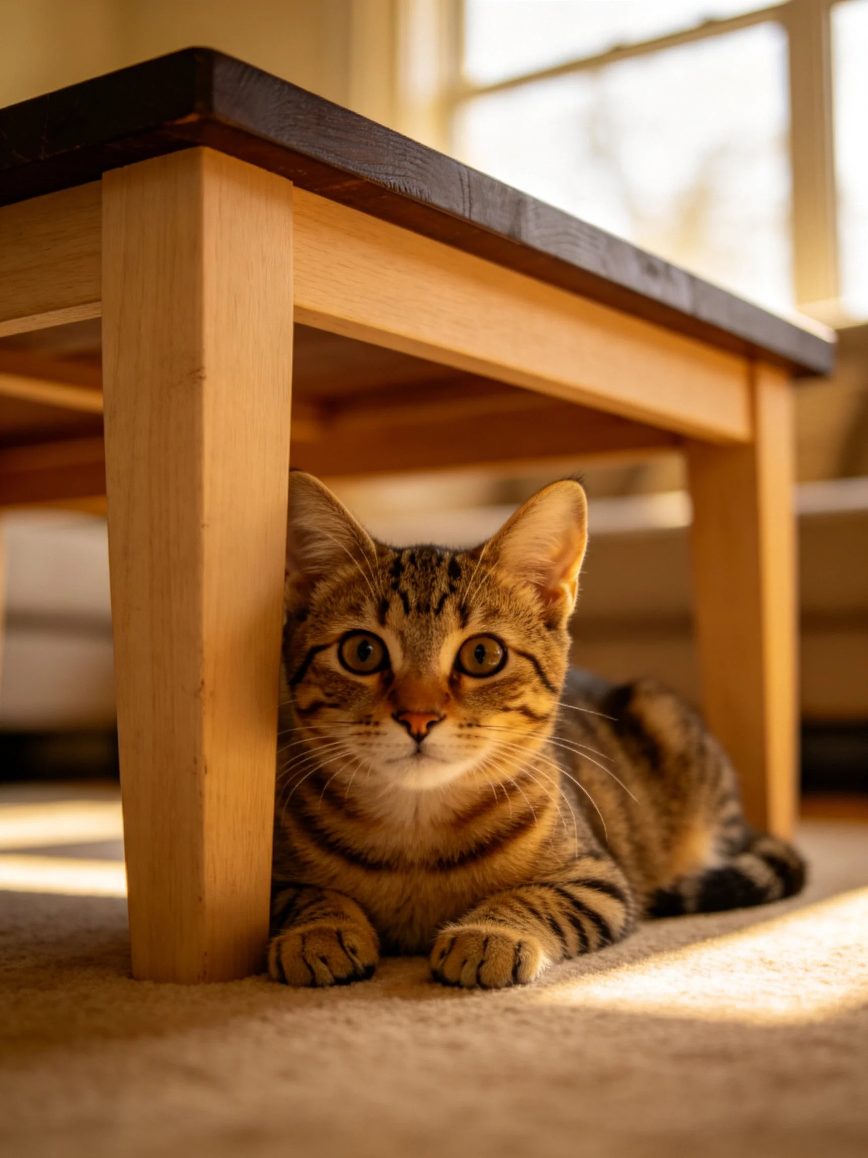 A curious tabby cat hides under a wooden table in soft natural light.