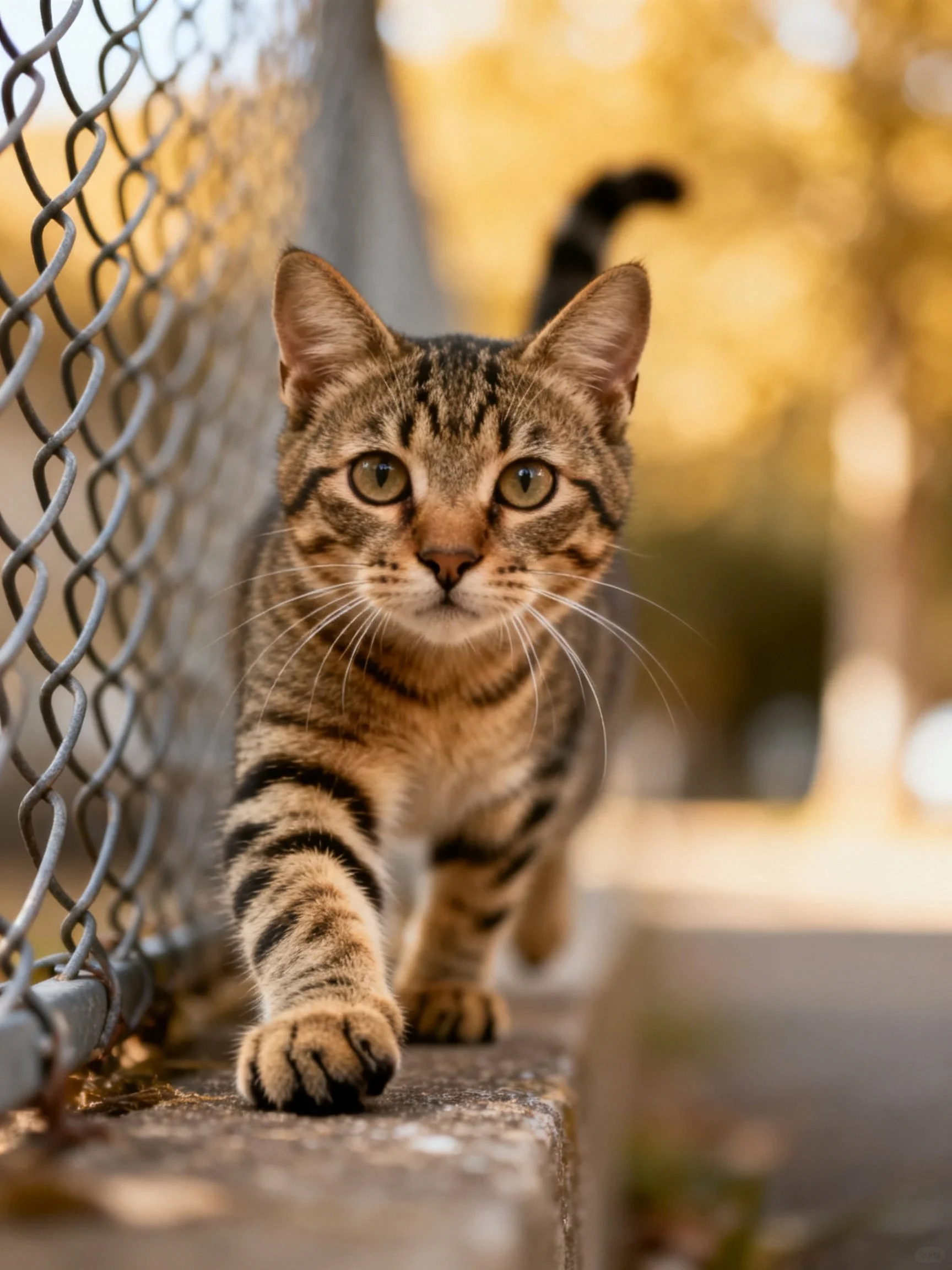 A curious tabby cat near a chain-link fence outdoors