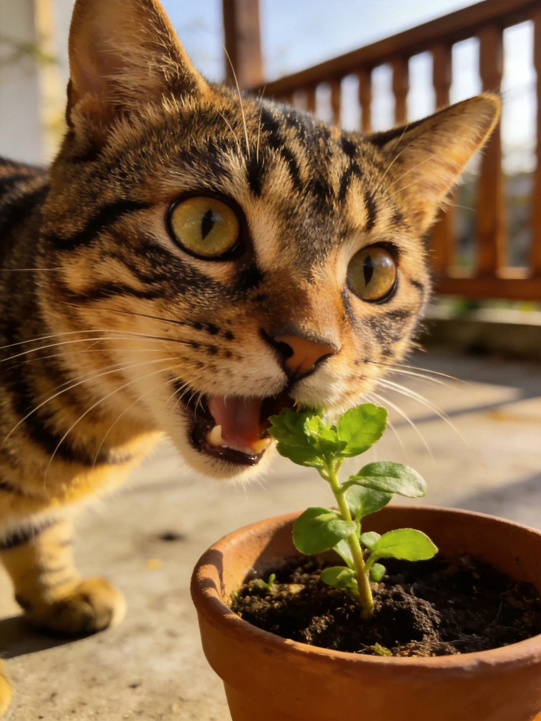 A curious tabby cat nibbling a small potted green plant outdoors