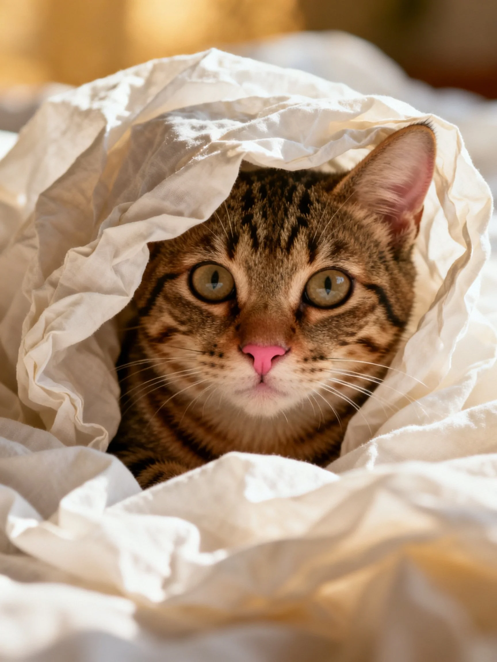 A curious tabby cat peeks from a crumpled white paper bag