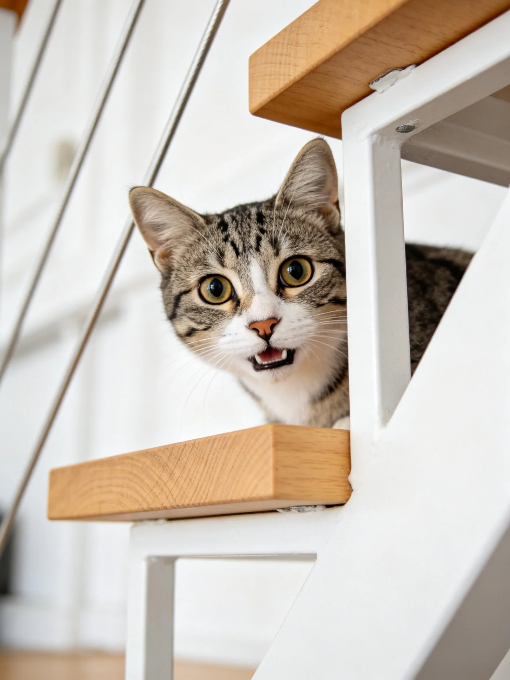 A curious tabby cat peeks from a wooden and white staircase structure.
