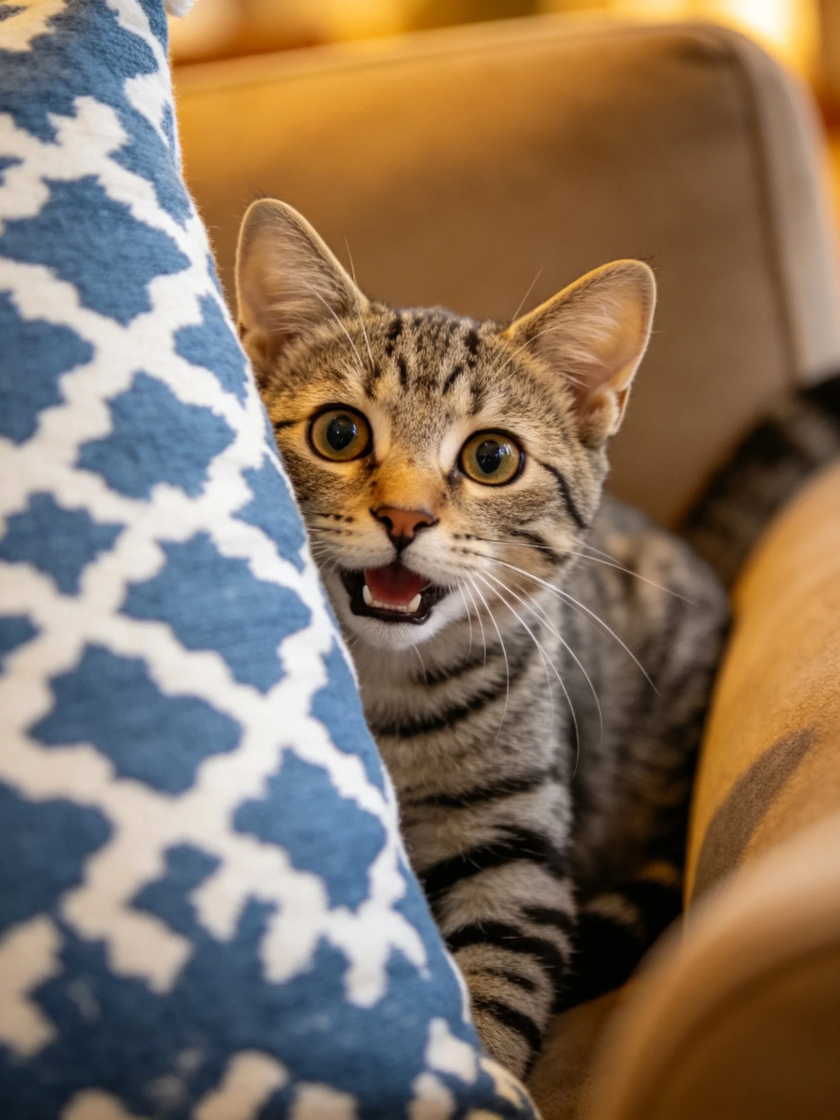 A curious tabby cat peeks from behind a blue-patterned cushion