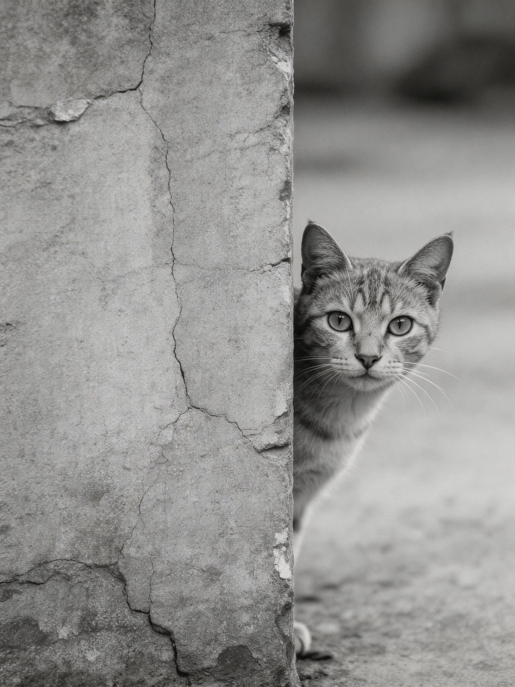 A curious tabby cat peeks from behind a cracked concrete column