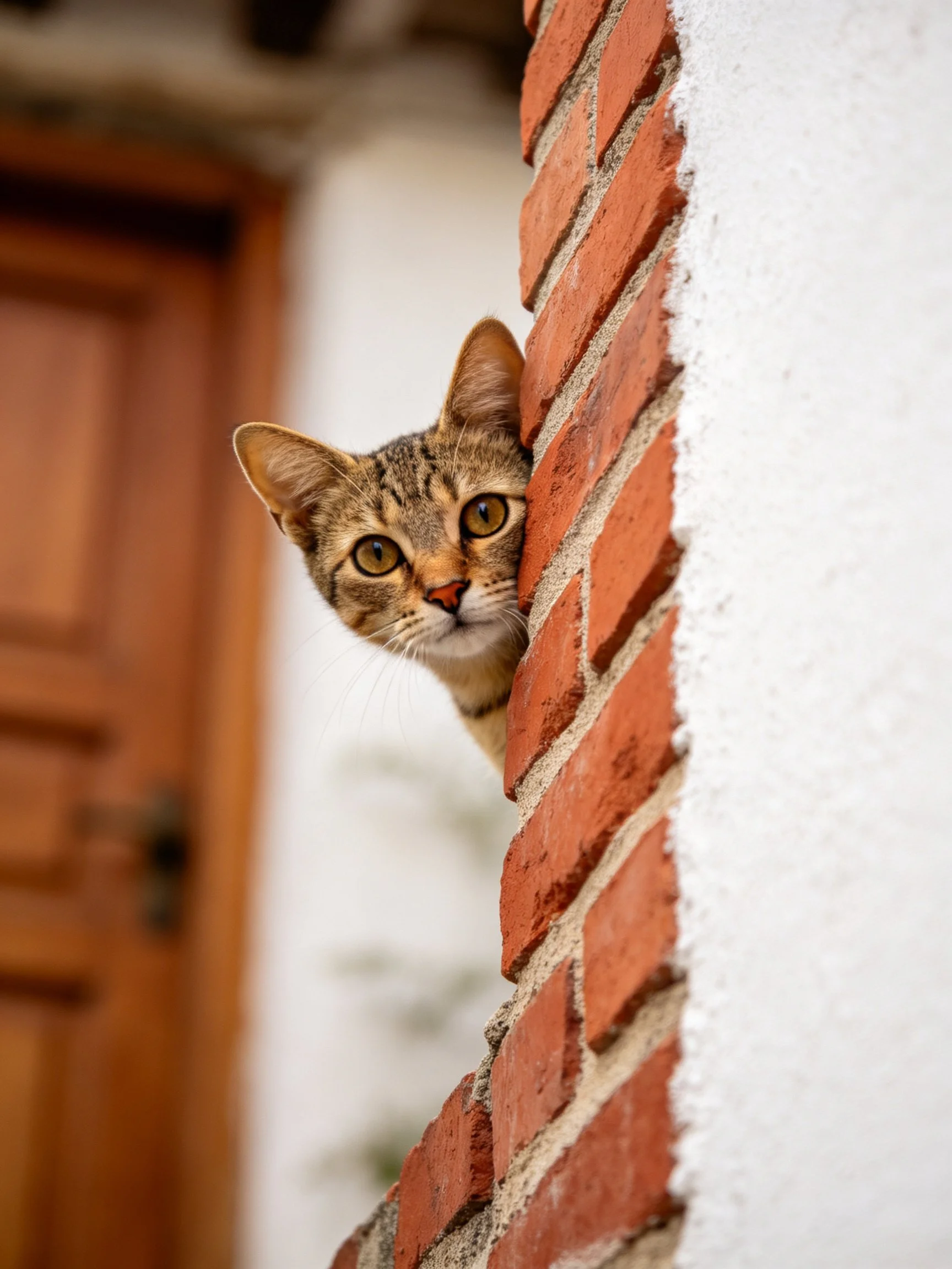 A curious tabby cat peeks from behind a red brick wall near a wooden door