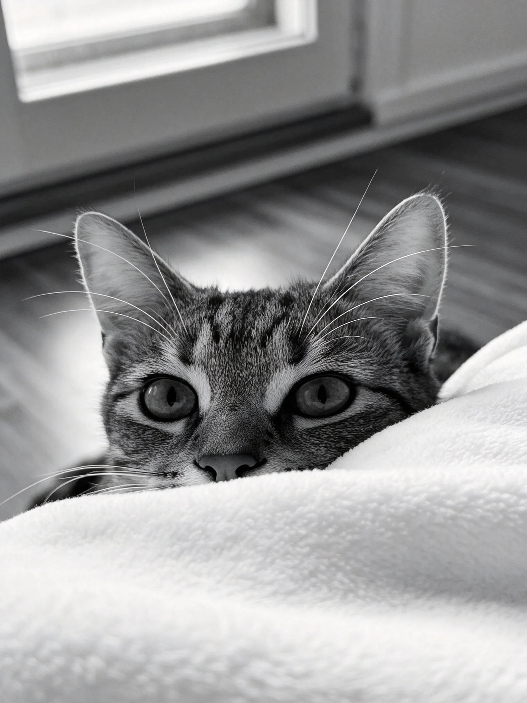 A curious tabby cat peeks from behind a soft blanket near an indoor doorway