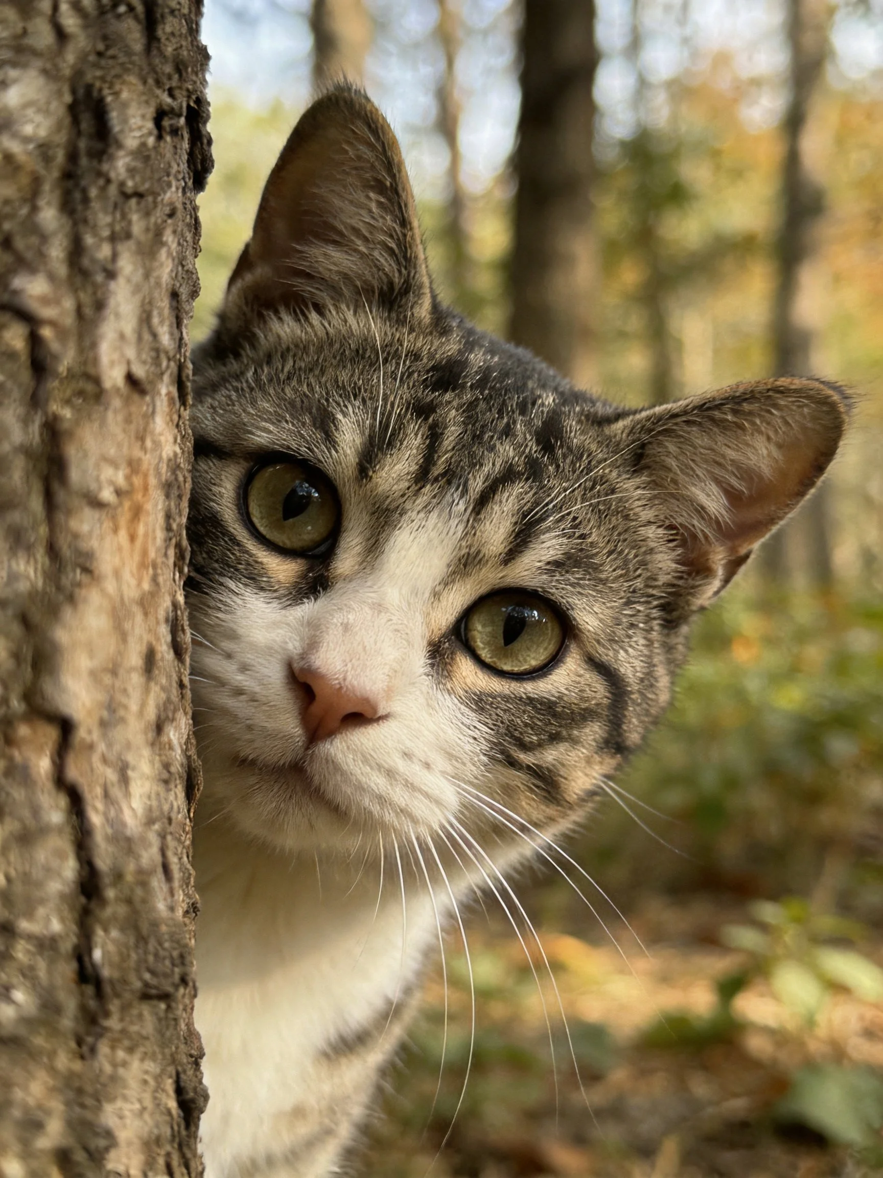 A curious tabby cat peeks from behind a tree trunk in a wooded setting