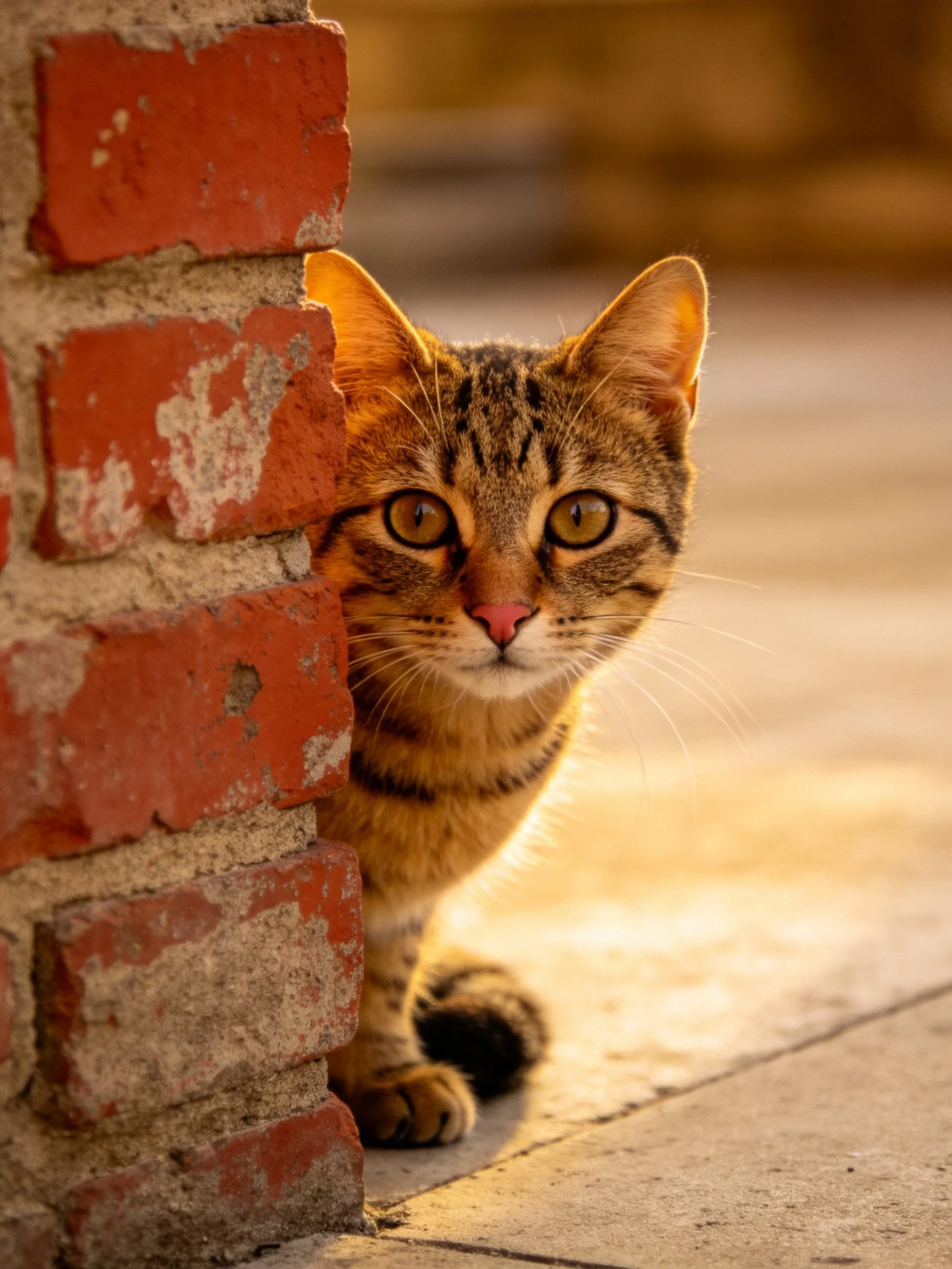 A curious tabby cat peeks from behind a weathered red brick wall