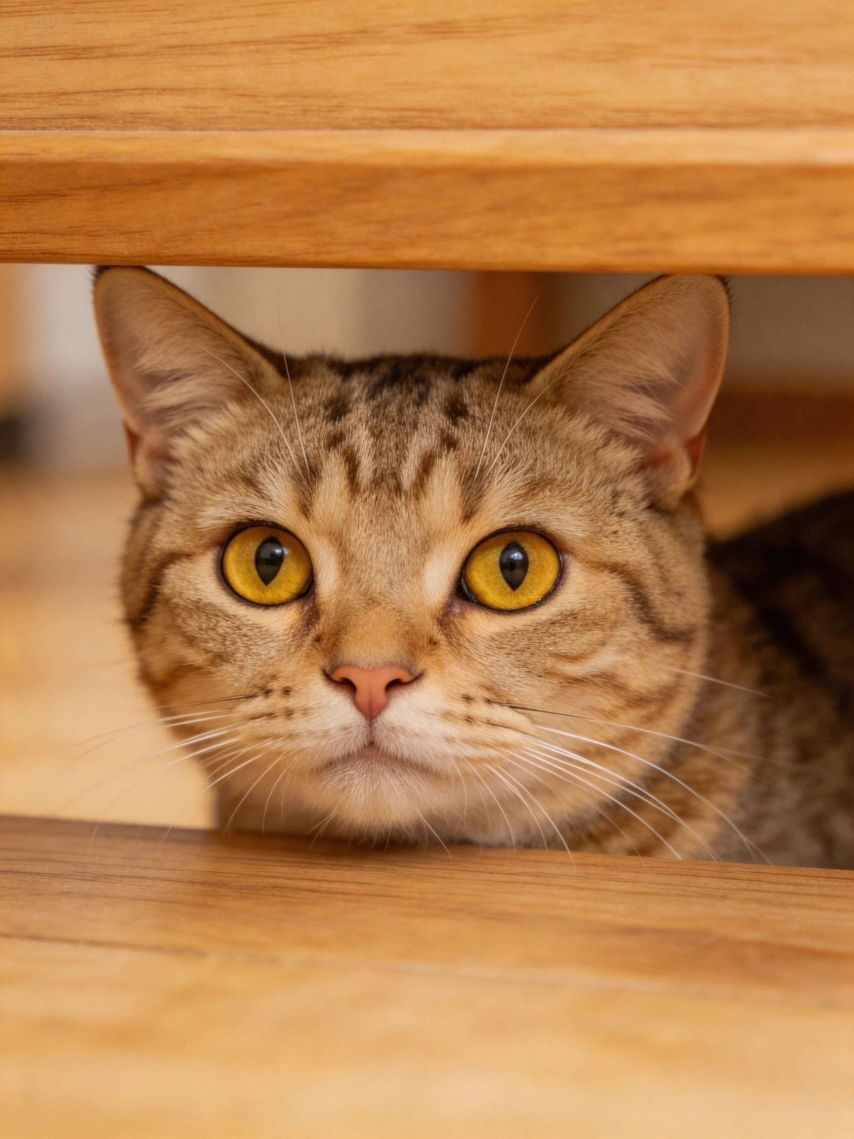 A curious tabby cat peeks from under wooden furniture with bright yellow eyes