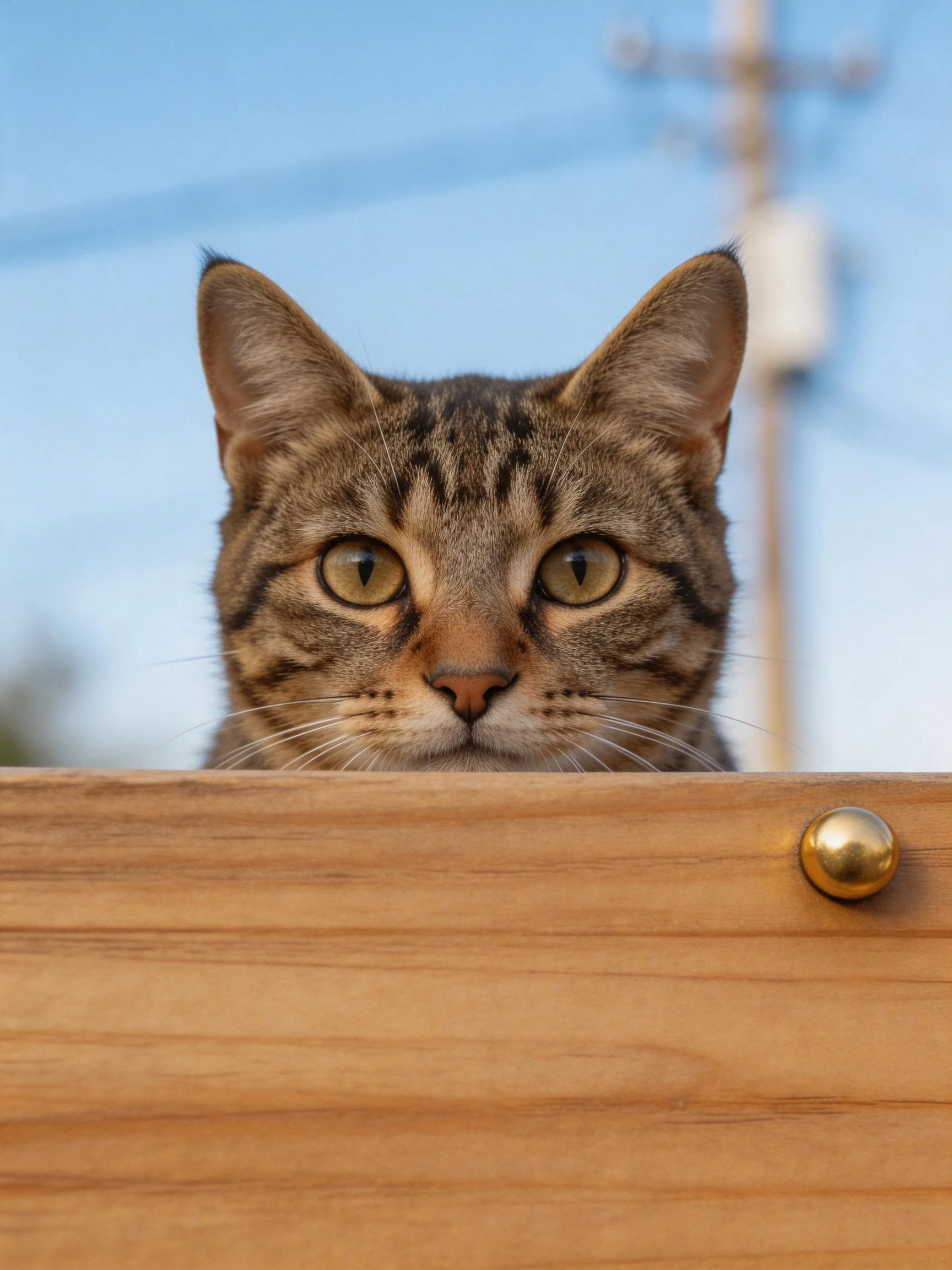 A curious tabby cat peers over a wooden fence with a brass knob.