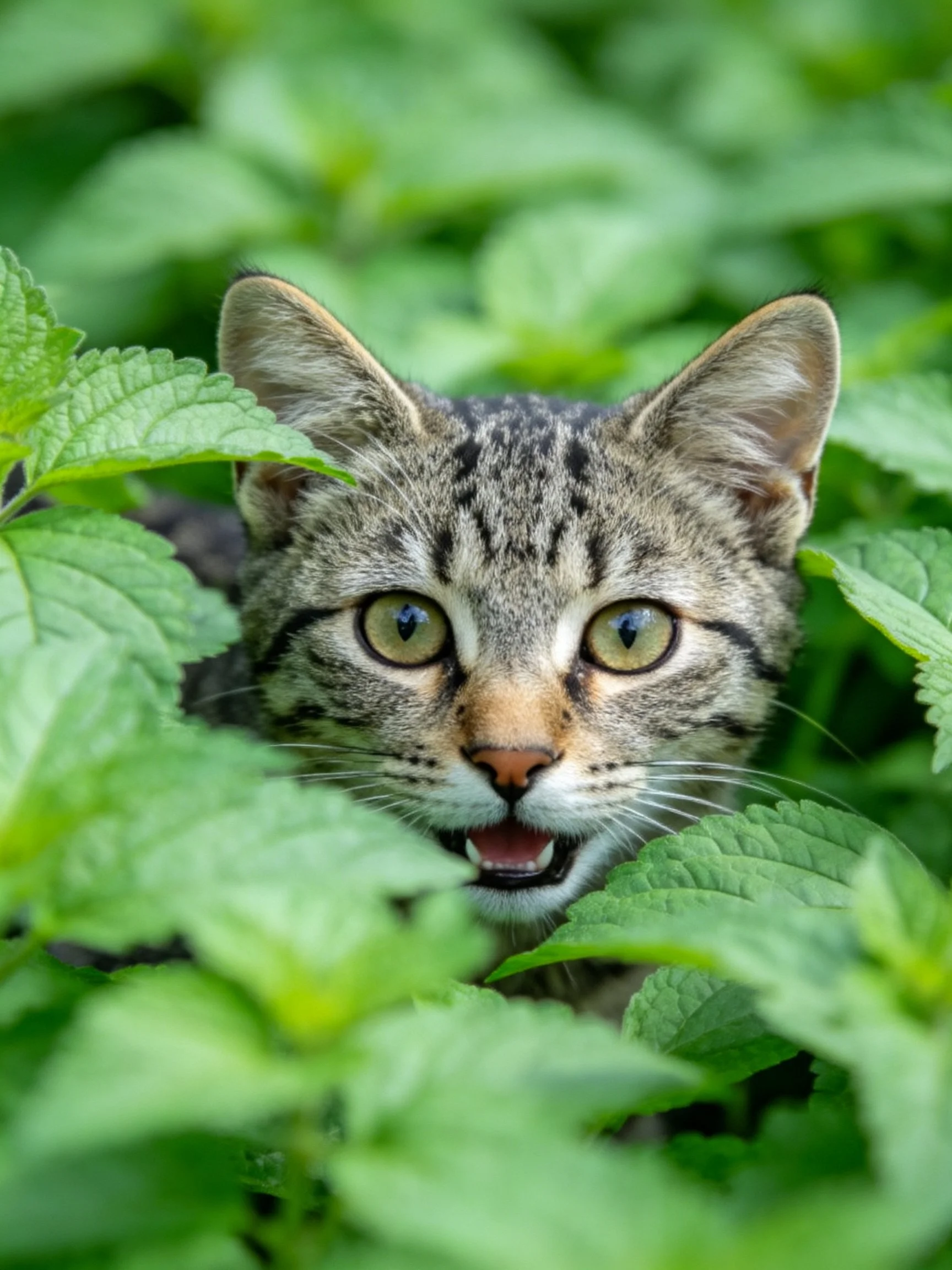 A curious tabby cat peeks through lush green foliage