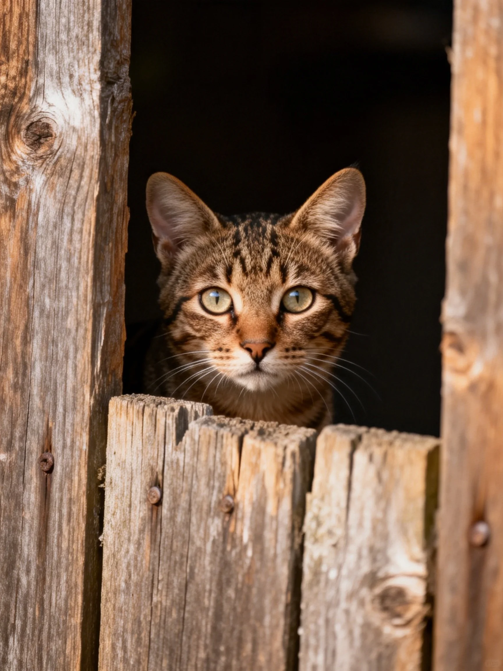 A curious tabby cat peers from an aged wooden opening
