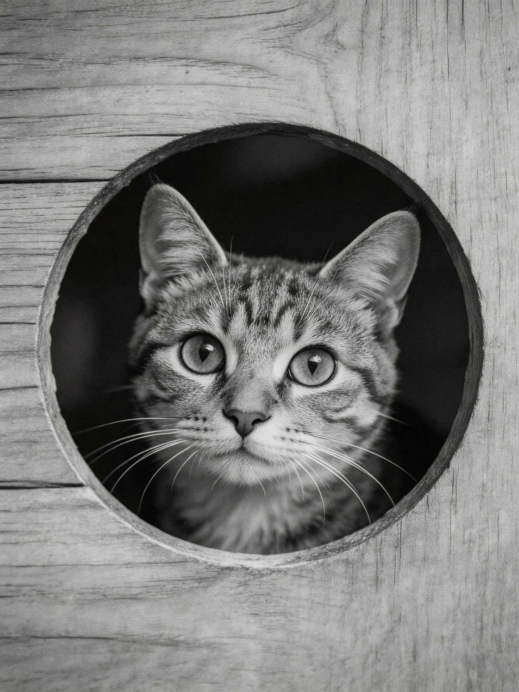 A curious tabby cat peers through a round wooden opening