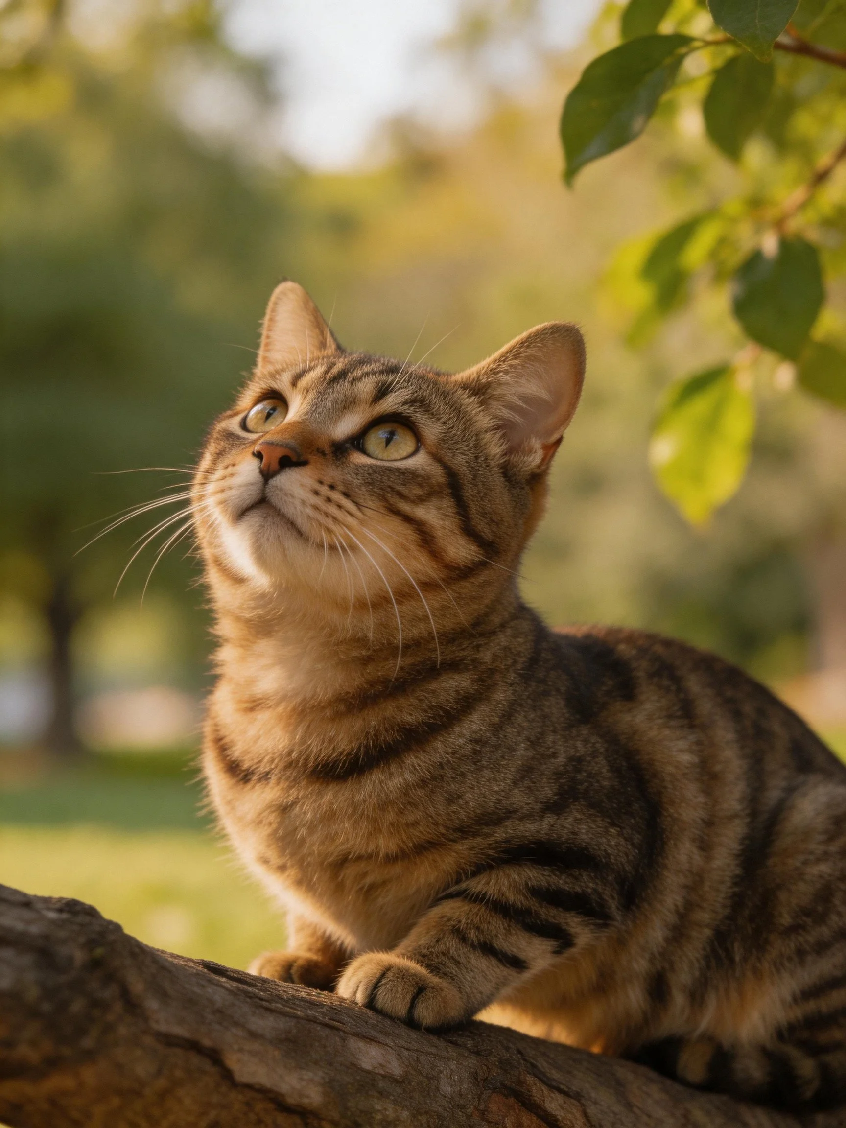 A curious tabby cat perched on a weathered tree branch