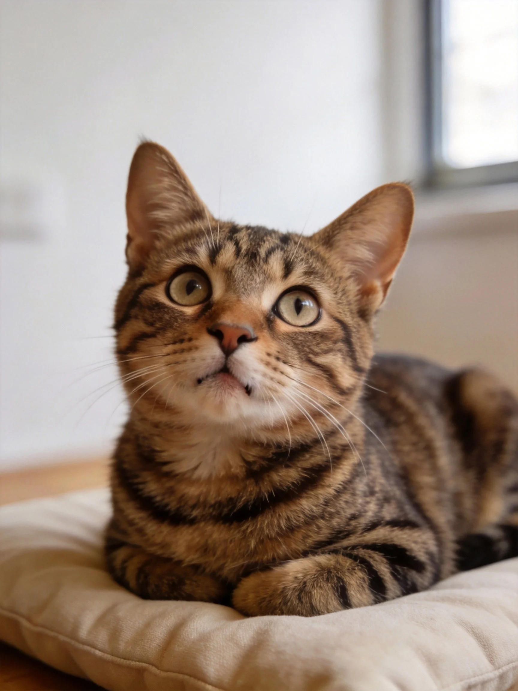 A curious tabby cat resting on a beige cushion indoors