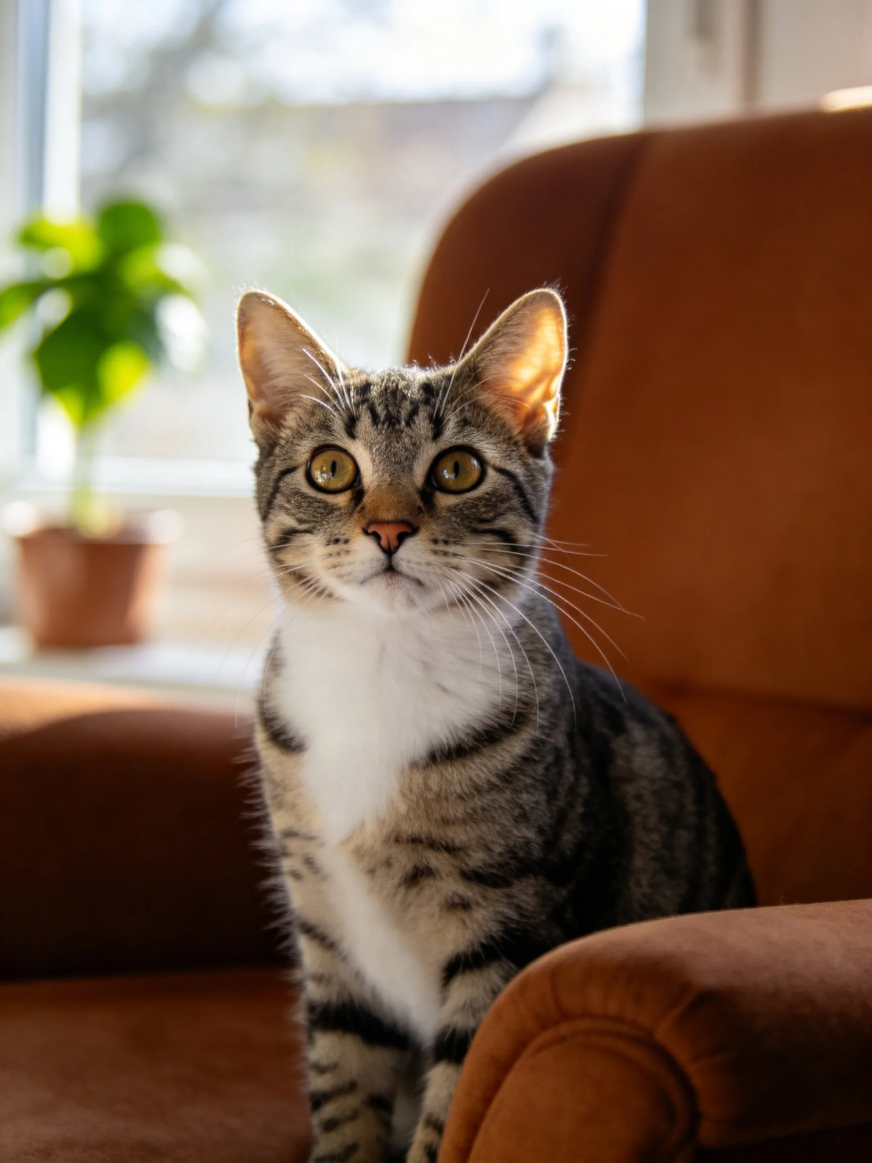 A curious tabby cat sits on a brown armchair near a sunlit window