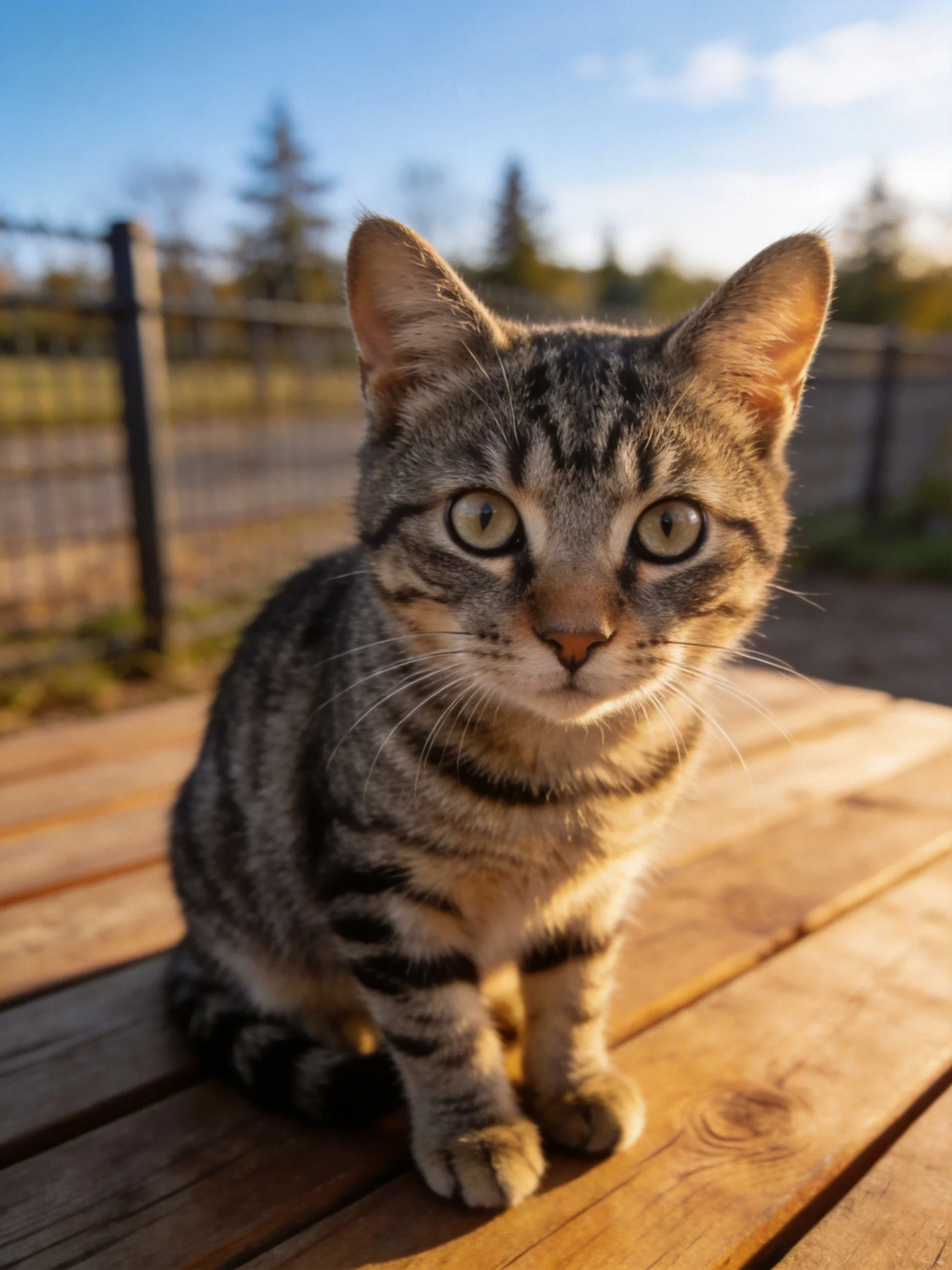 A curious tabby cat sits on a wooden deck in an outdoor fenced setting.