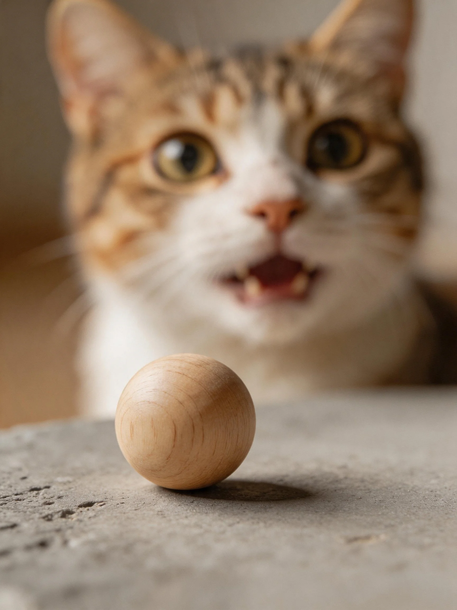 A curious tabby cat stares at a small wooden ball
