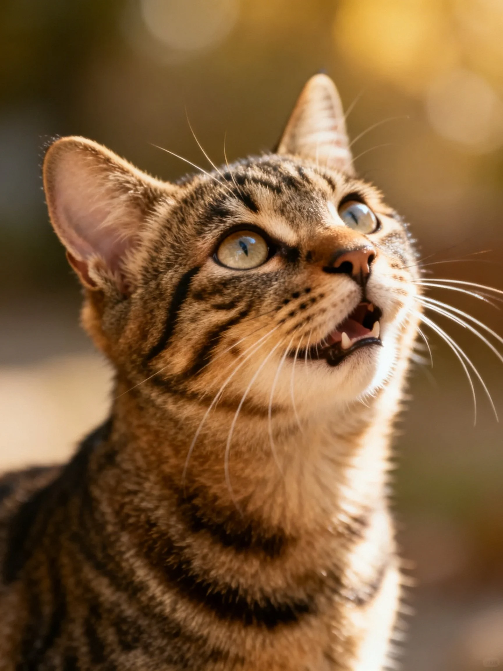 A curious tabby cat with bright eyes looks upward