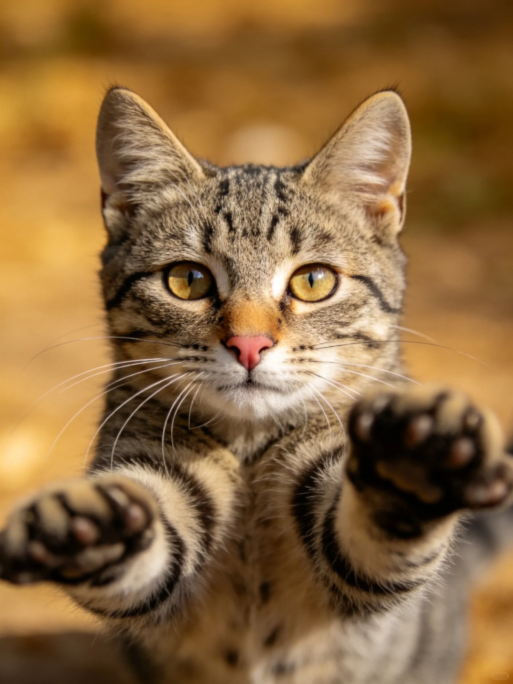 A curious tabby cat with bright yellow eyes reaches forward