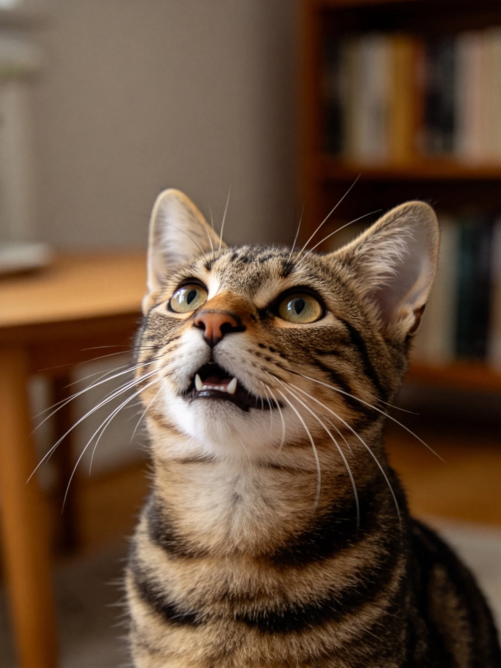 A curious tabby cat with brown and black stripes looks upward