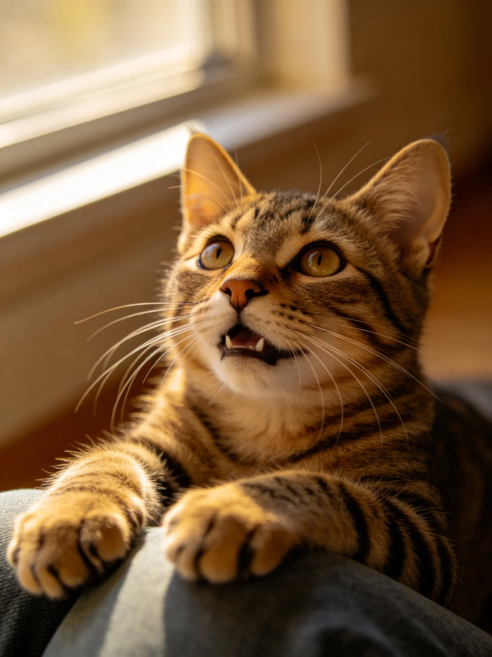 A curious tabby cat with striped fur near a sunlit window