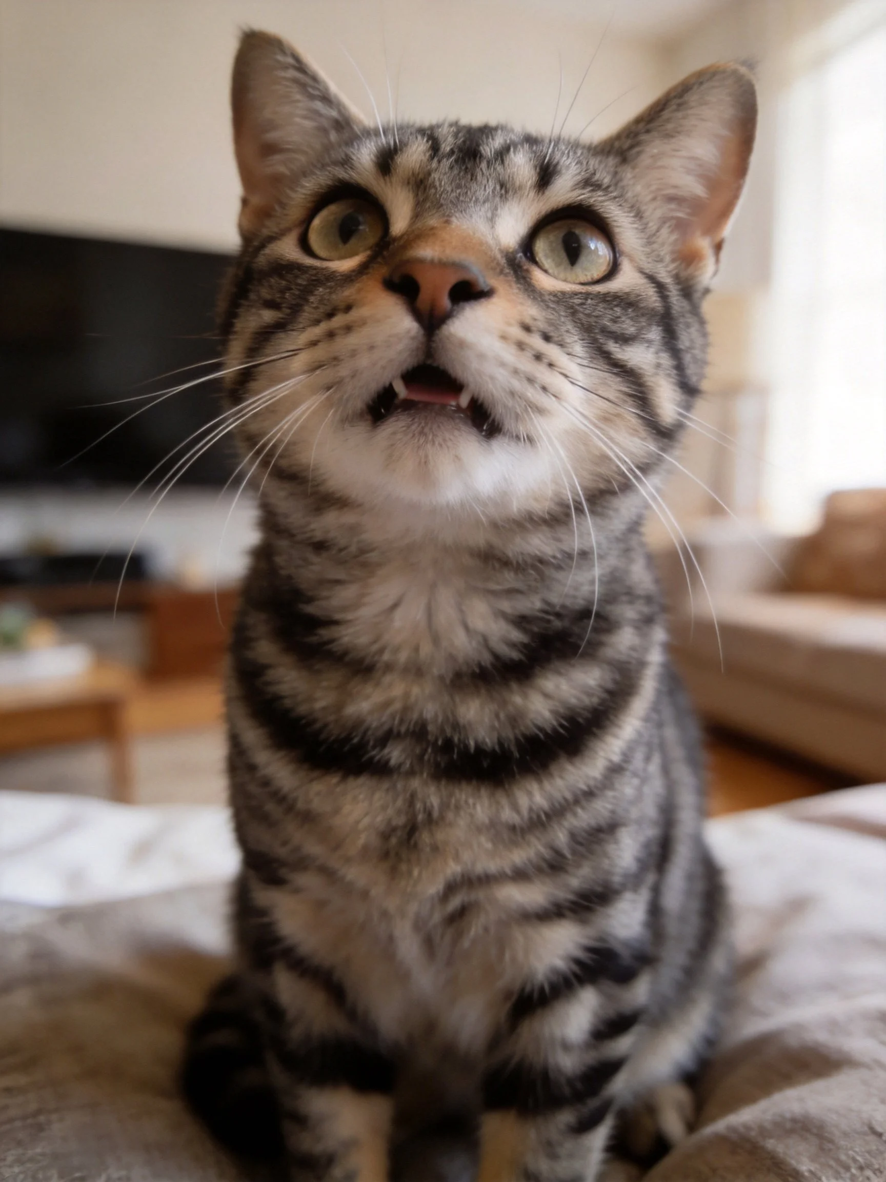 A curious tabby cat with striped fur sits in a cozy living room