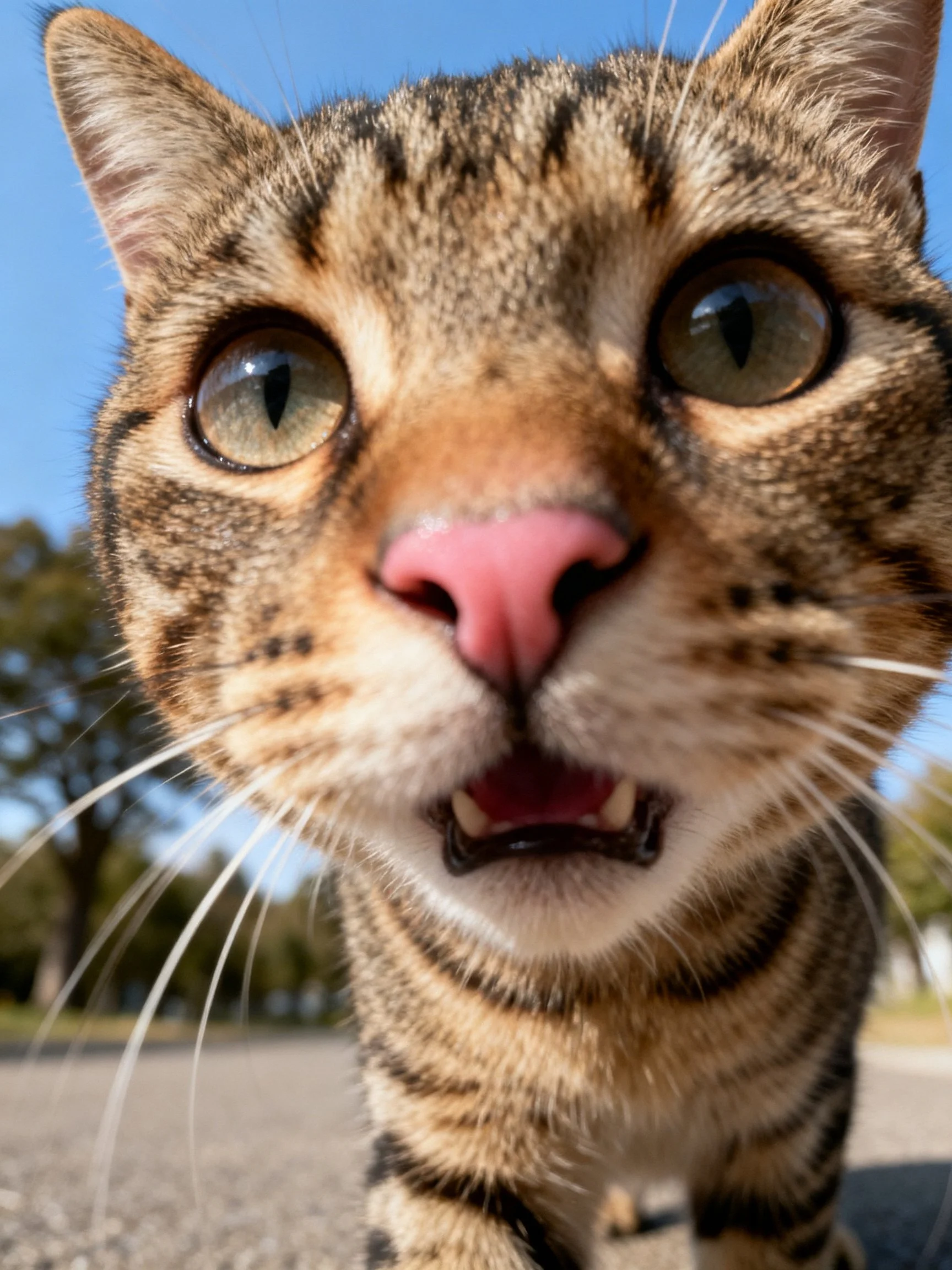A curious tabby cat gazes directly into the camera outdoors.