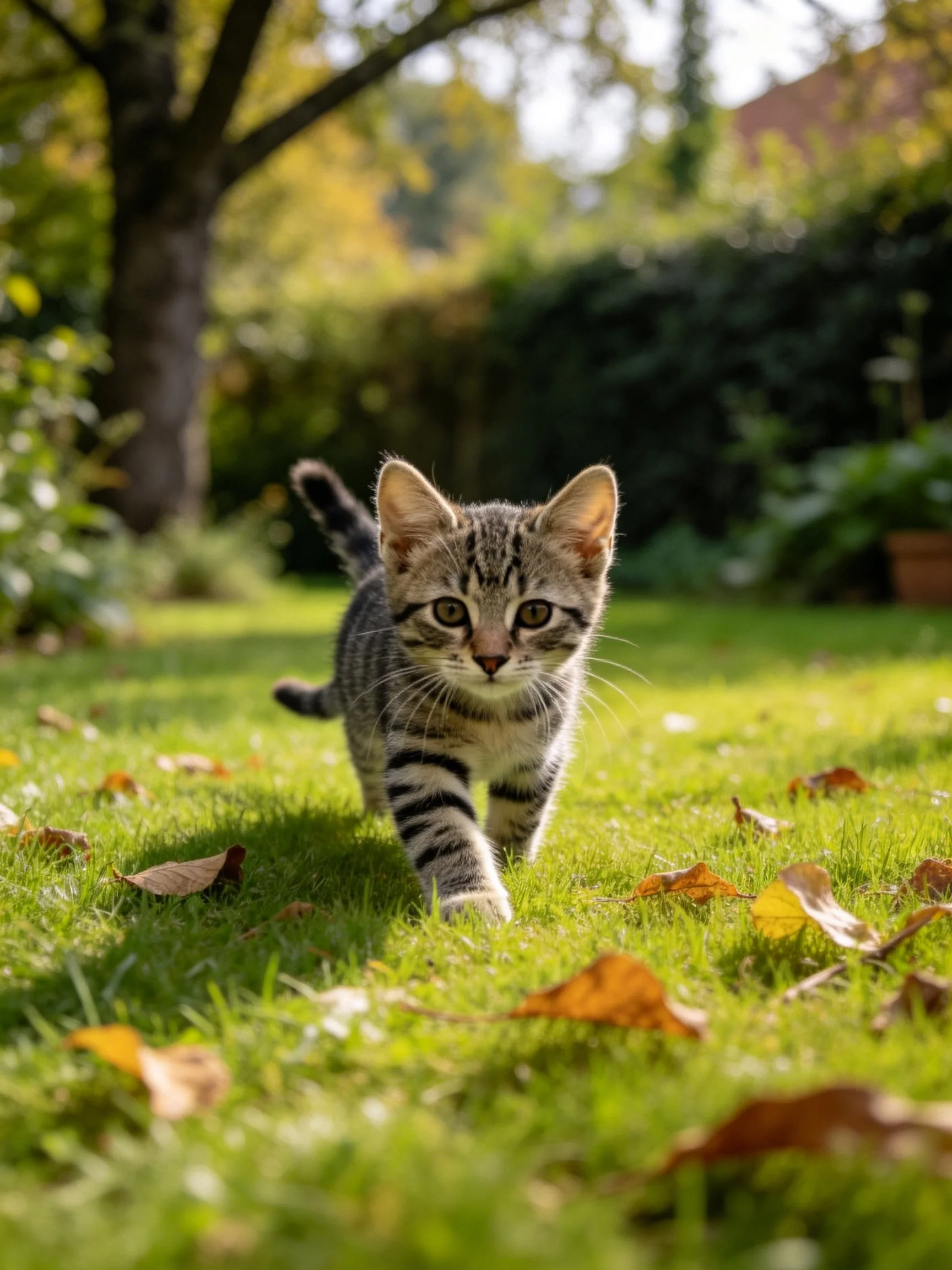 A curious tabby kitten explores a sunlit garden with scattered autumn leaves