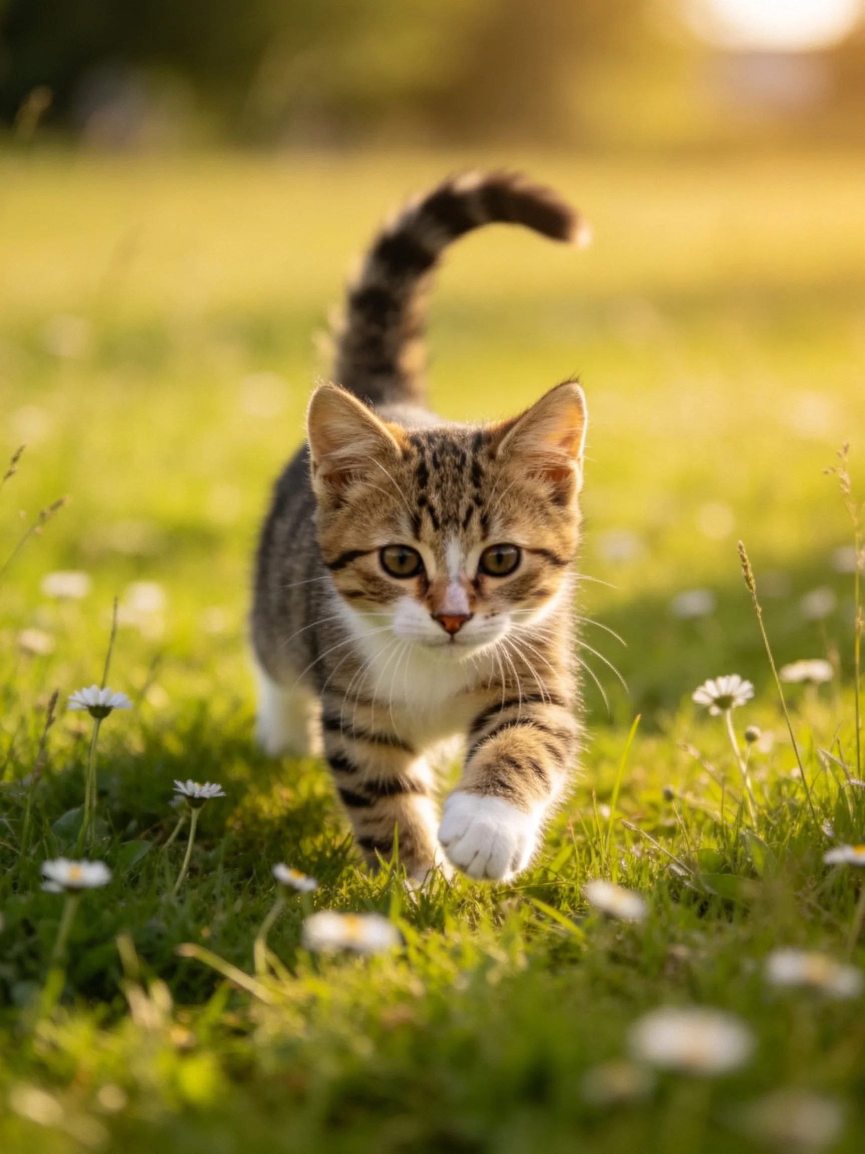 A curious tabby kitten explores a sunlit meadow of green grass and white flowers