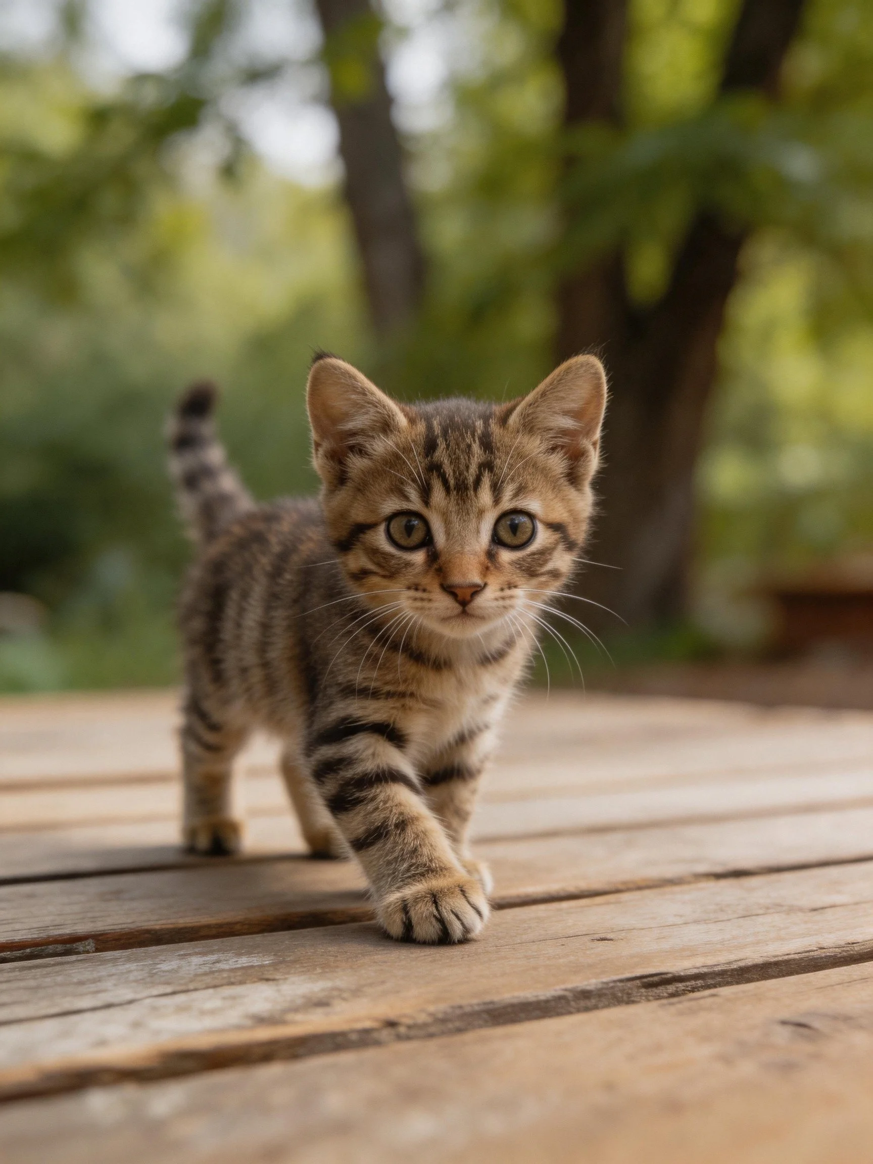 A curious tabby kitten explores a wooden deck near lush trees