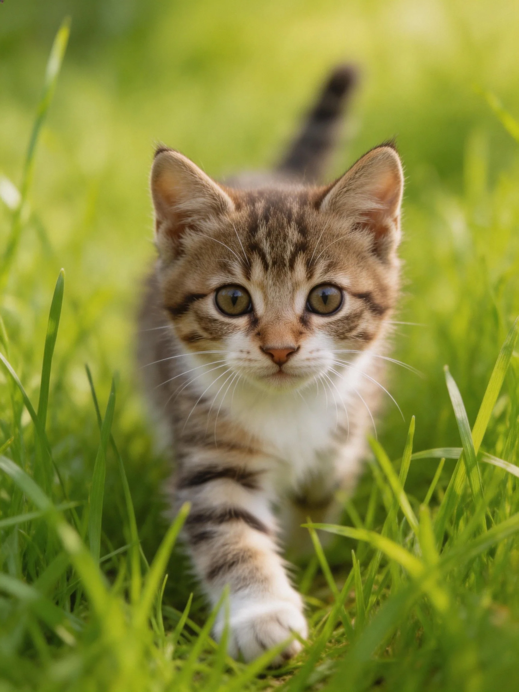 A curious tabby kitten explores lush green grass