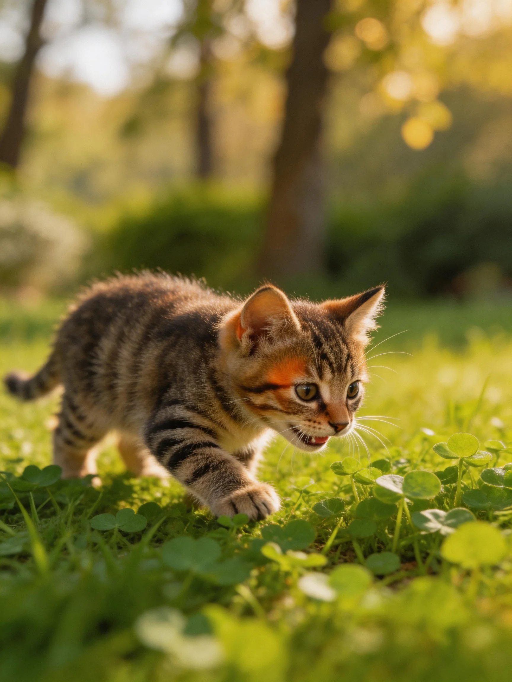 A curious tabby kitten explores sun-dappled clover fields