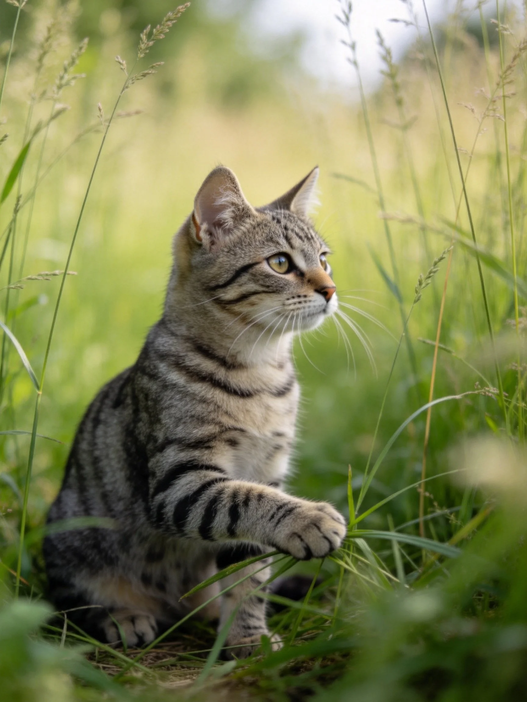 A curious tabby kitten exploring lush green grass outdoors