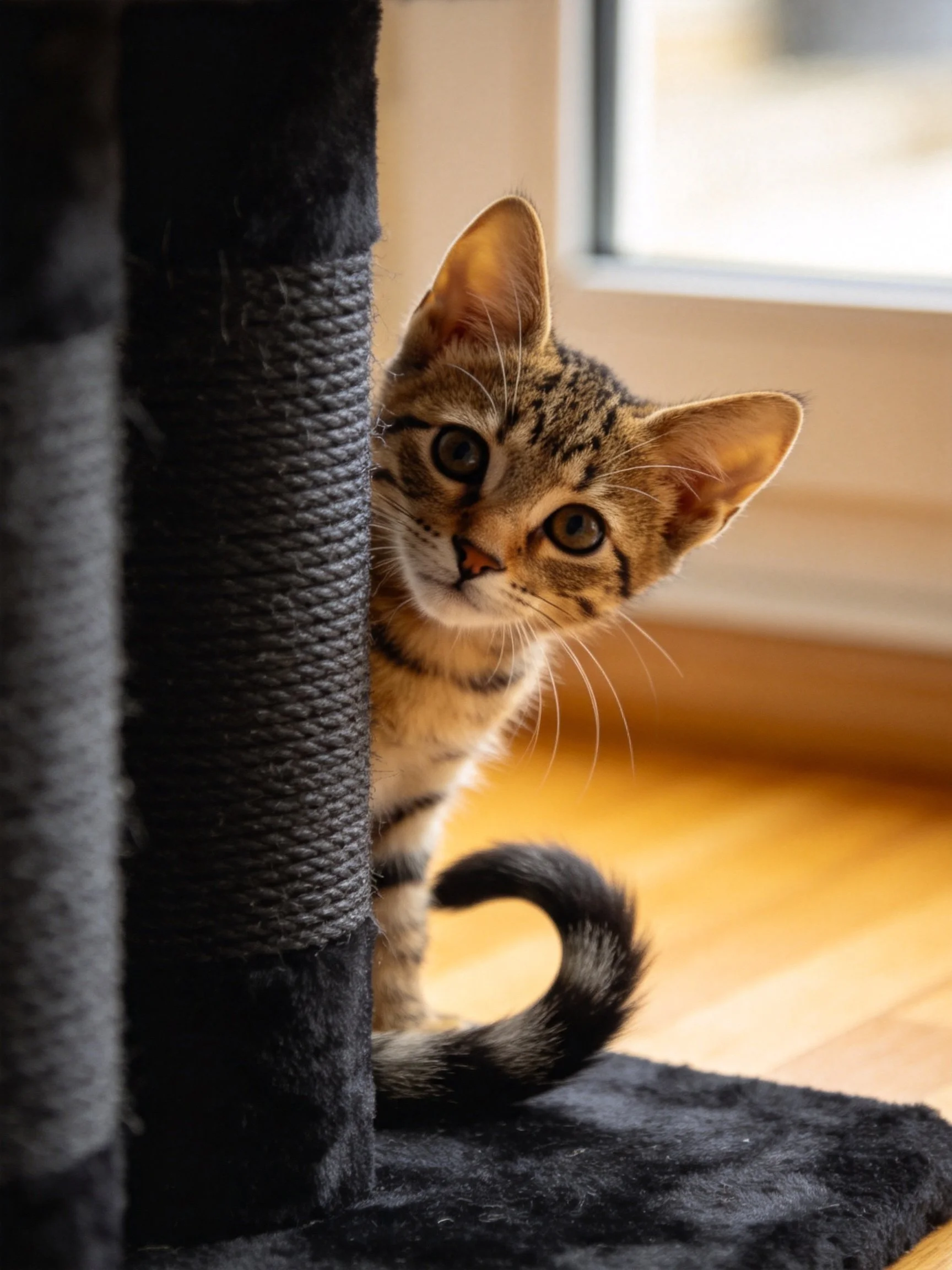 A curious tabby kitten hides behind a black scratching post by a bright window