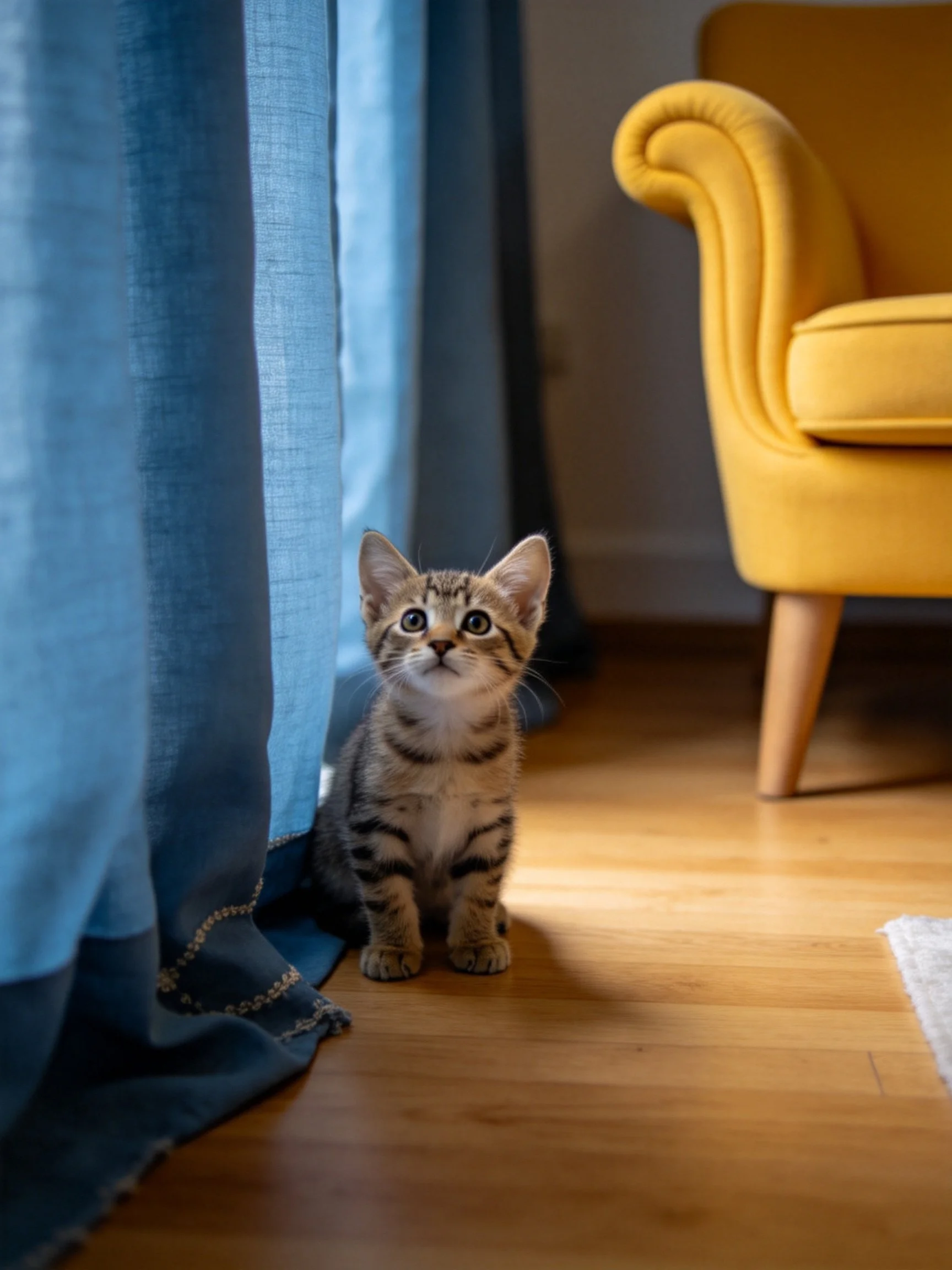 A curious tabby kitten sits near blue curtains next to a yellow armchair.