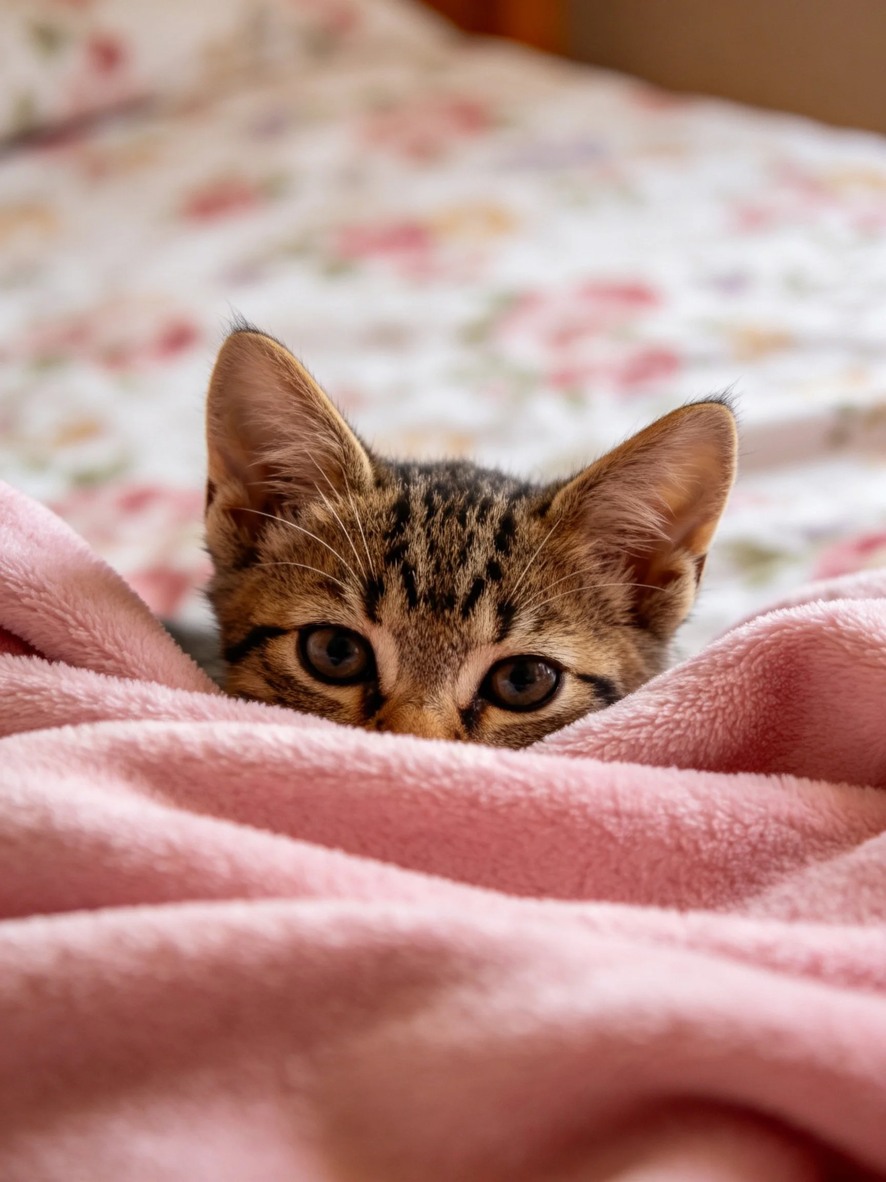 A curious tabby kitten peeks from a pink blanket on a floral bedspread