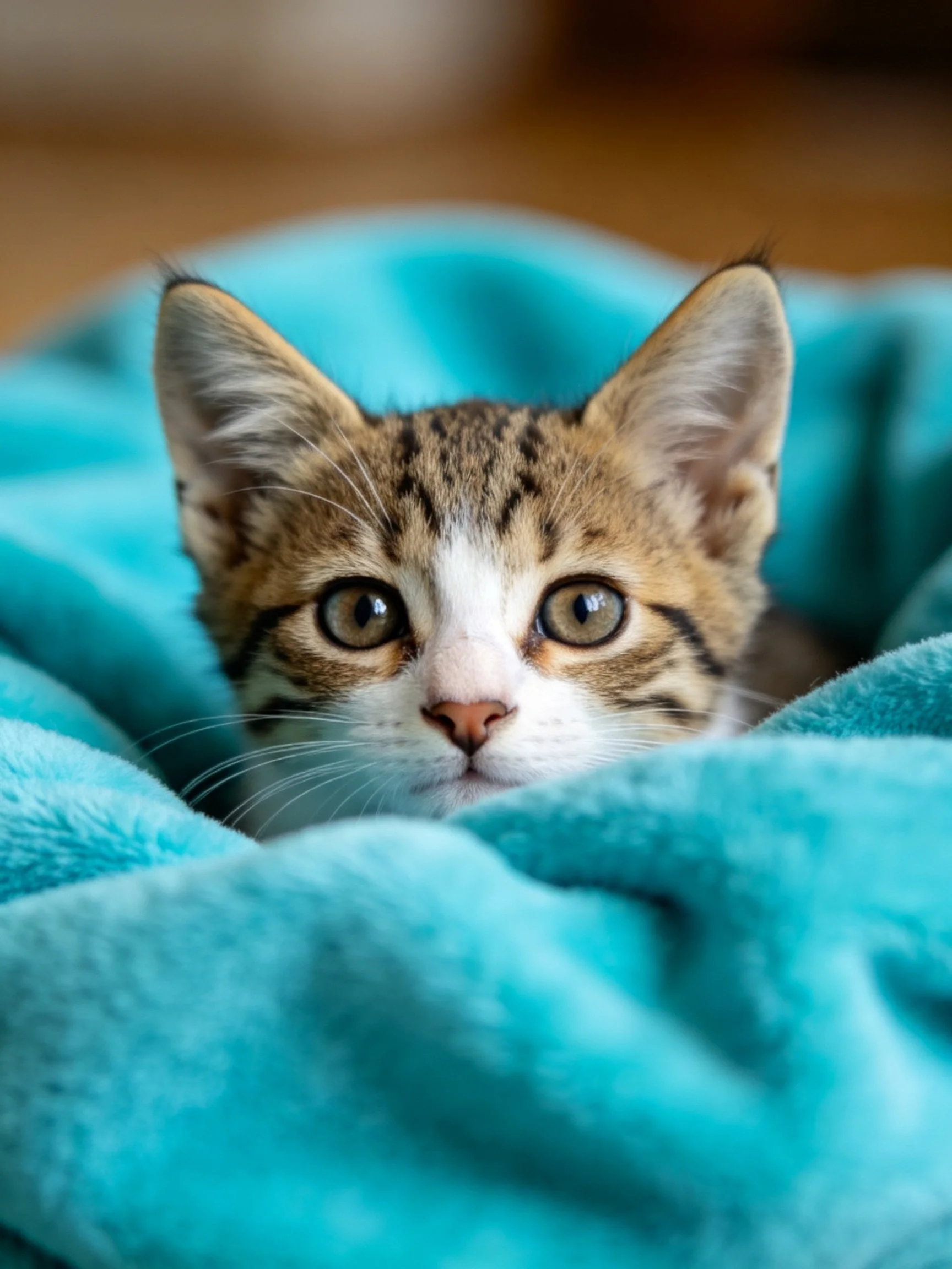 A curious tabby kitten peeks from a soft turquoise blanket