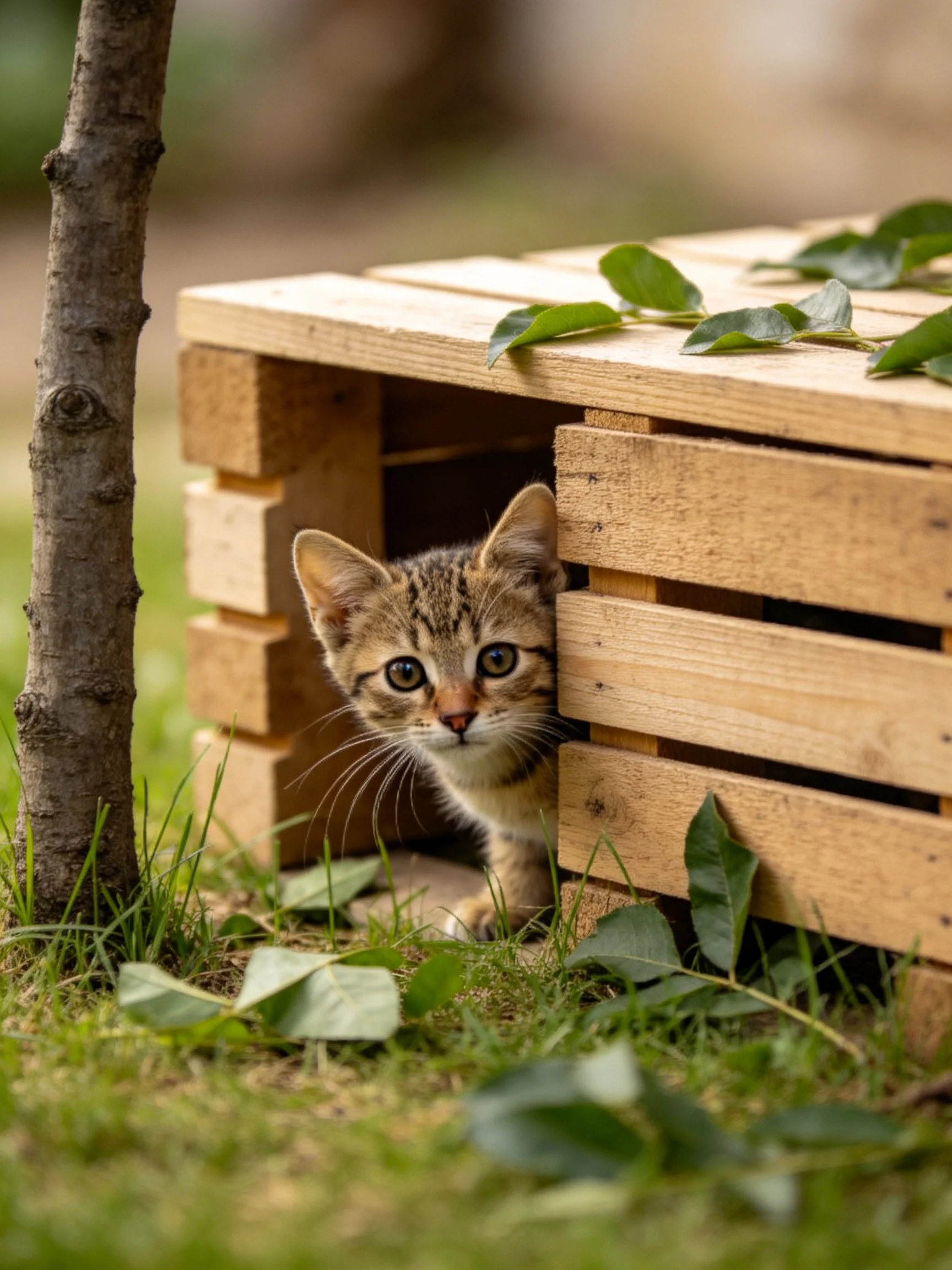 A curious tabby kitten peeks from a wooden crate amid greenery