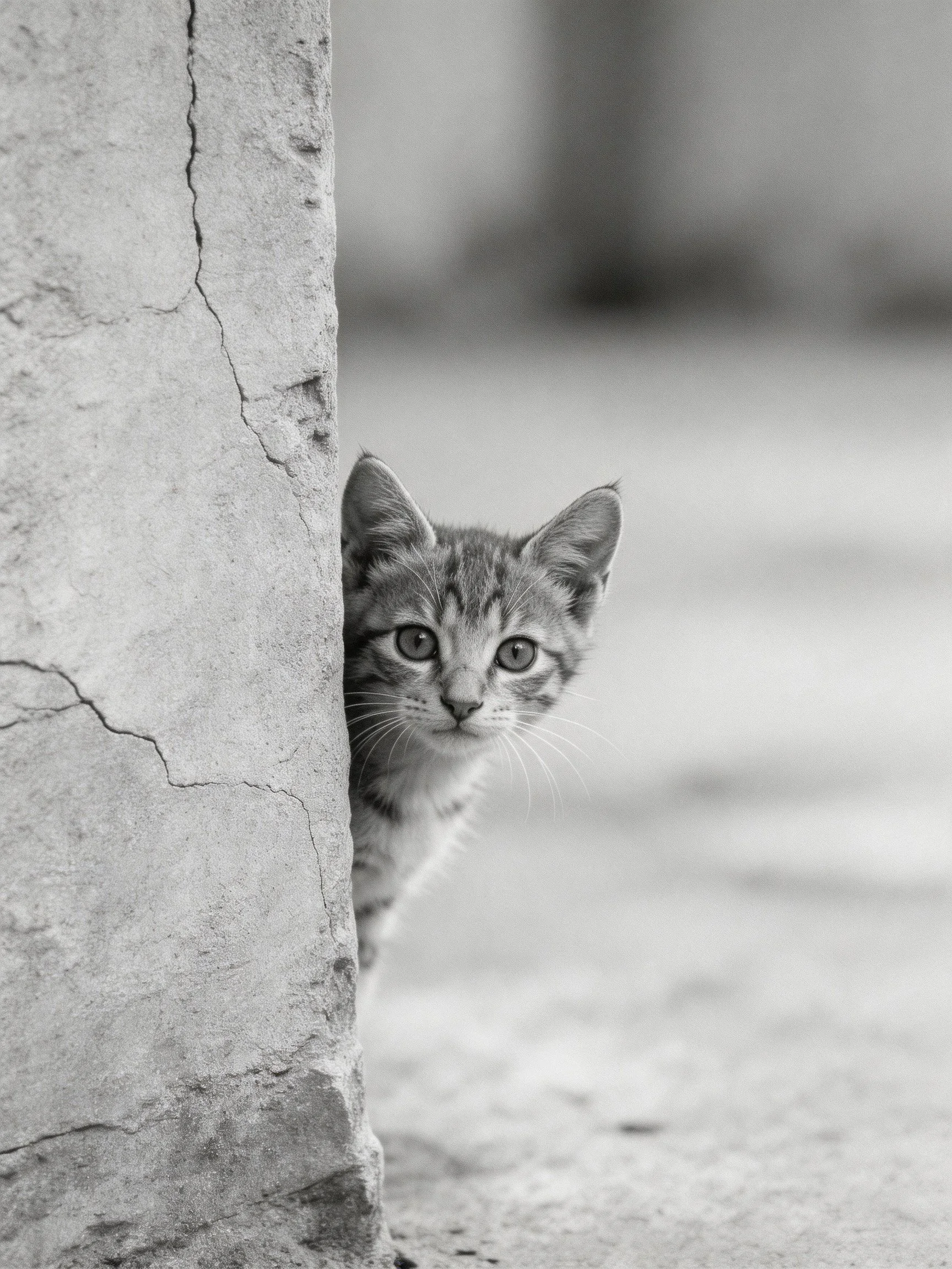 A curious tabby kitten peeks from behind a cracked concrete structure