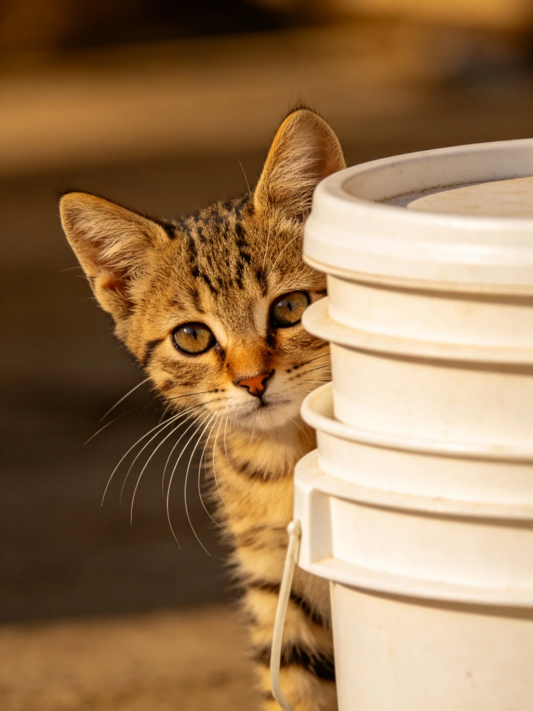 A curious tabby kitten peeks from behind stacked white plastic buckets