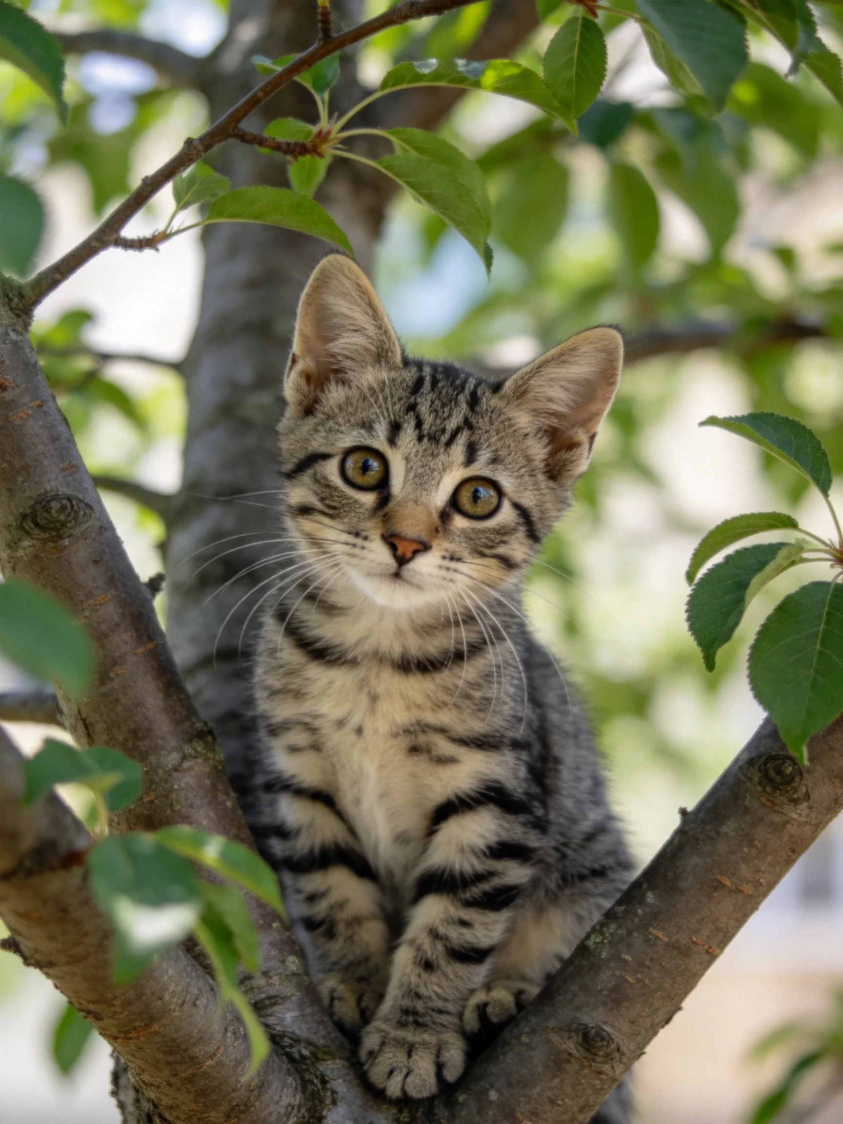 A curious tabby kitten sits among tree branches in a sunlit outdoor setting.