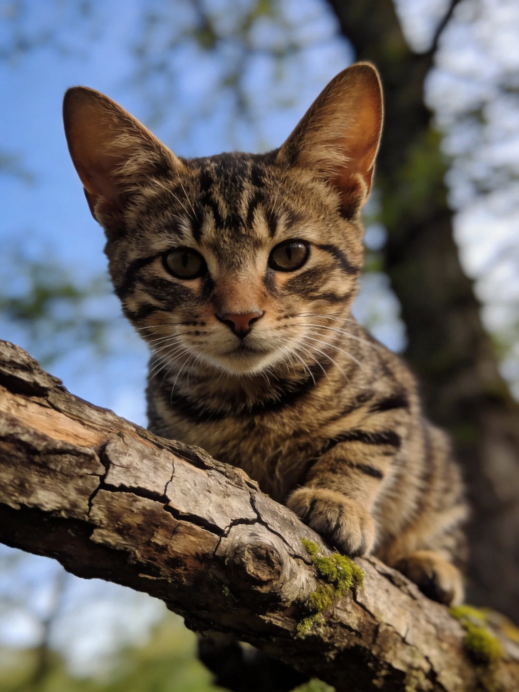 A curious tabby kitten perched on a mossy tree branch