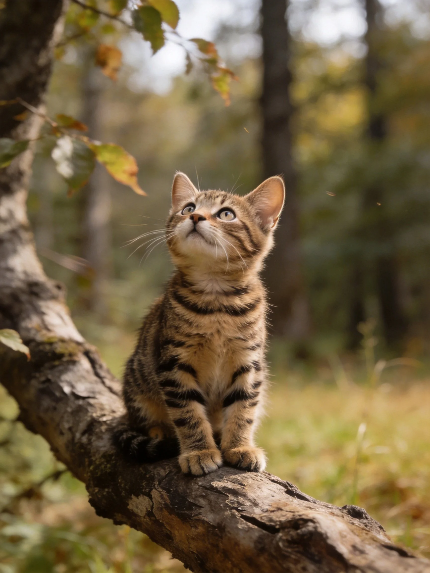 A curious tabby kitten perched on a weathered tree branch
