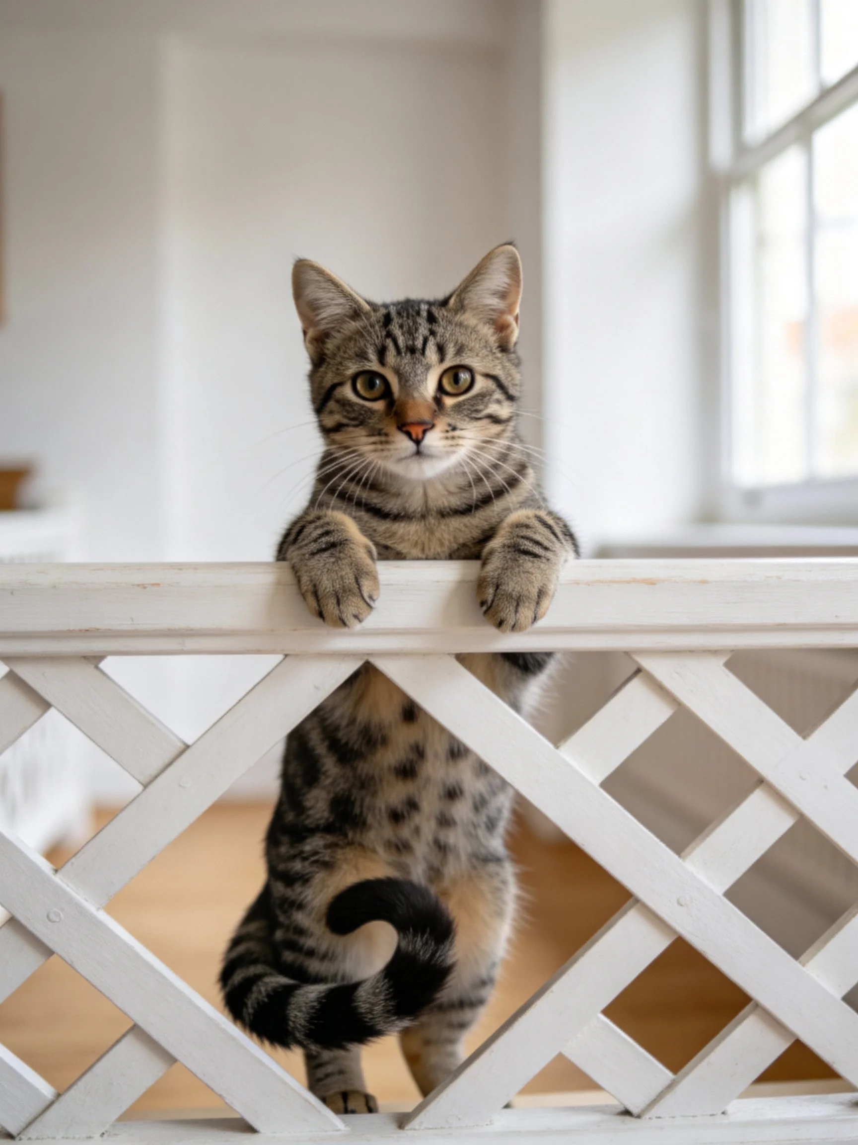 A curious tabby kitten perched on a white lattice railing indoors