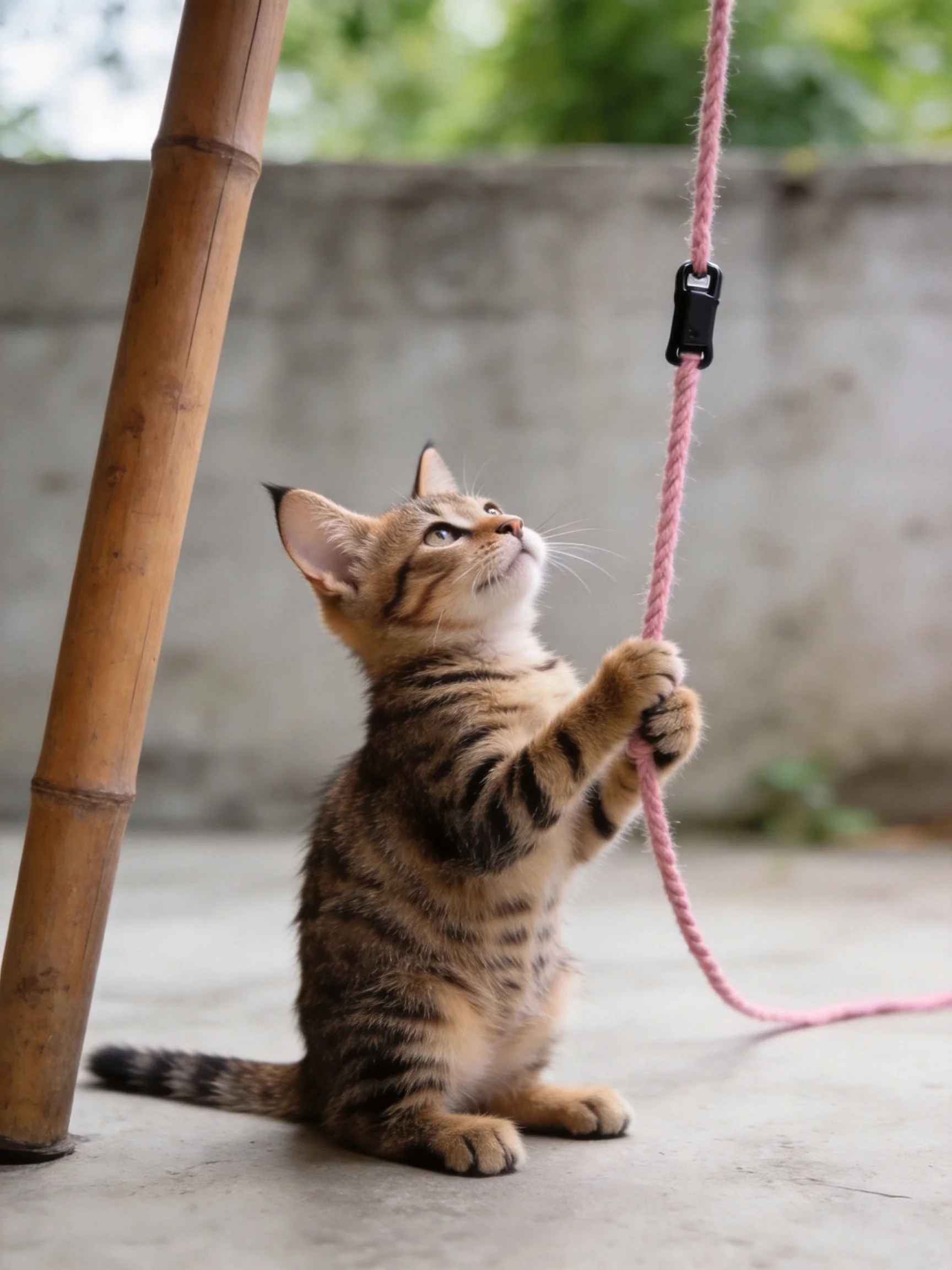 A young tabby kitten plays with a pink rope near a bamboo pole outdoors.
