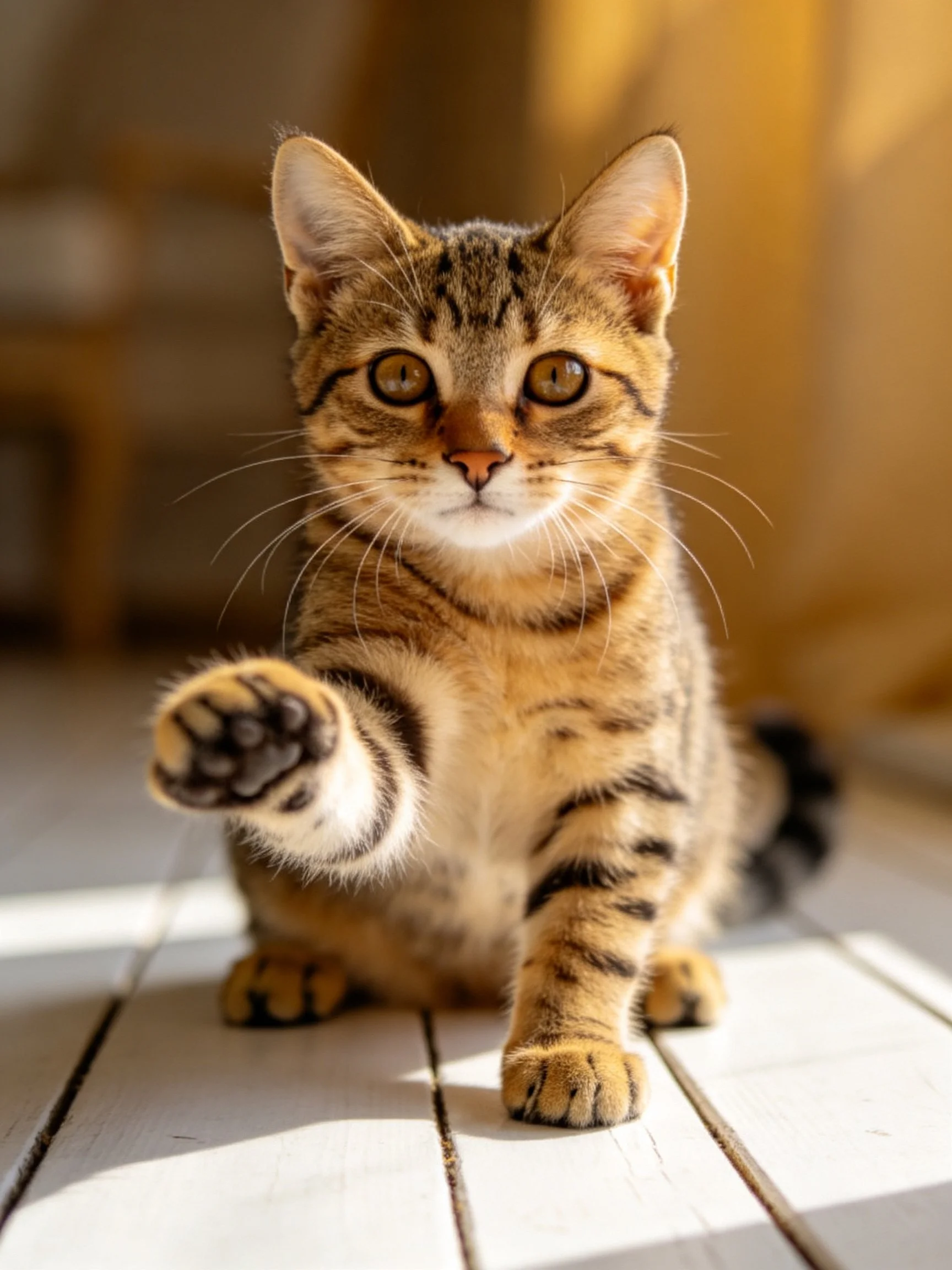 A curious tabby kitten reaches forward on a sunlit wooden floor