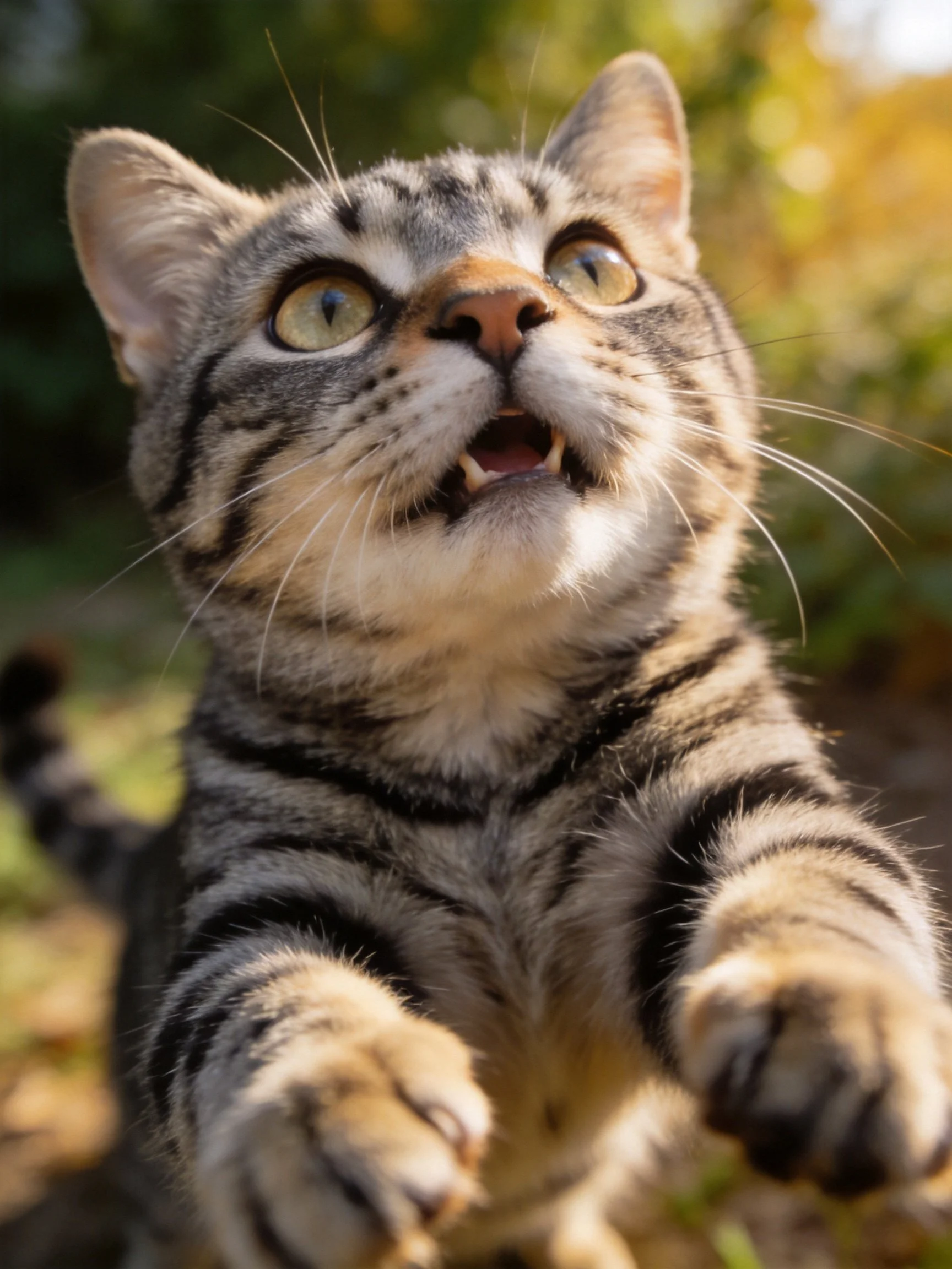 A curious tabby kitten reaches upward with wide eyes