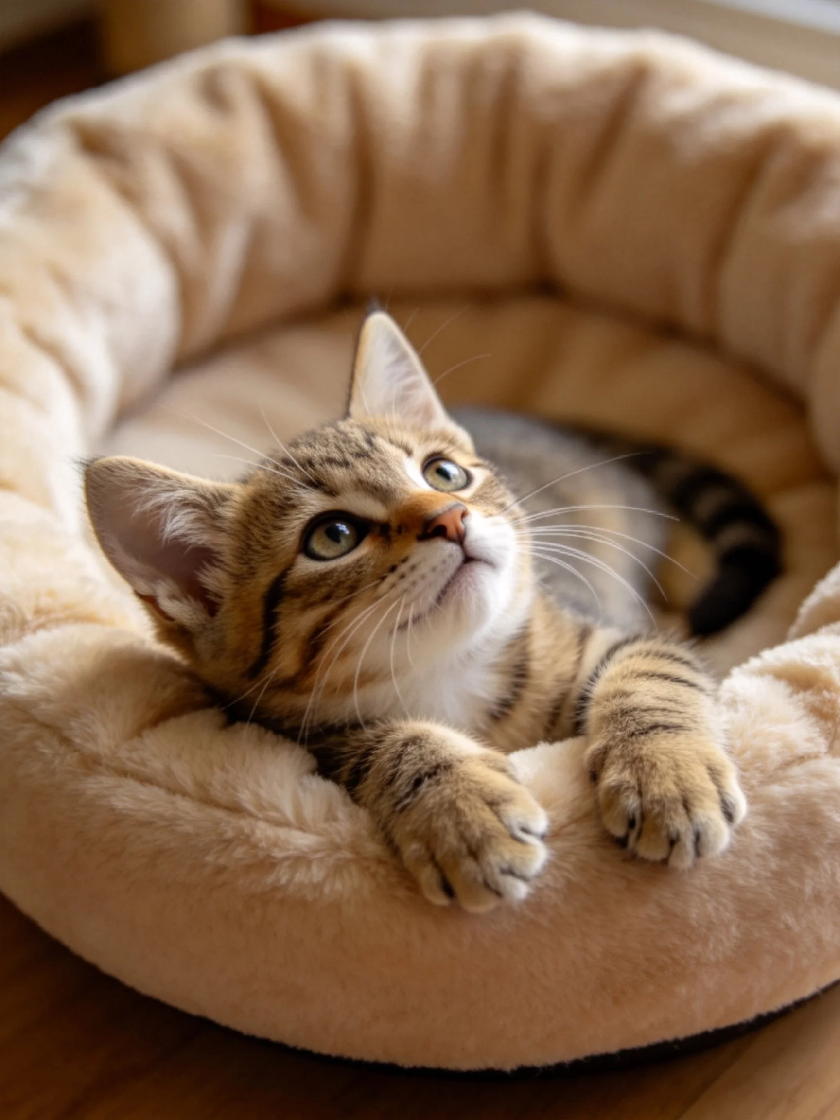 A curious tabby kitten relaxes comfortably in a plush pet bed.