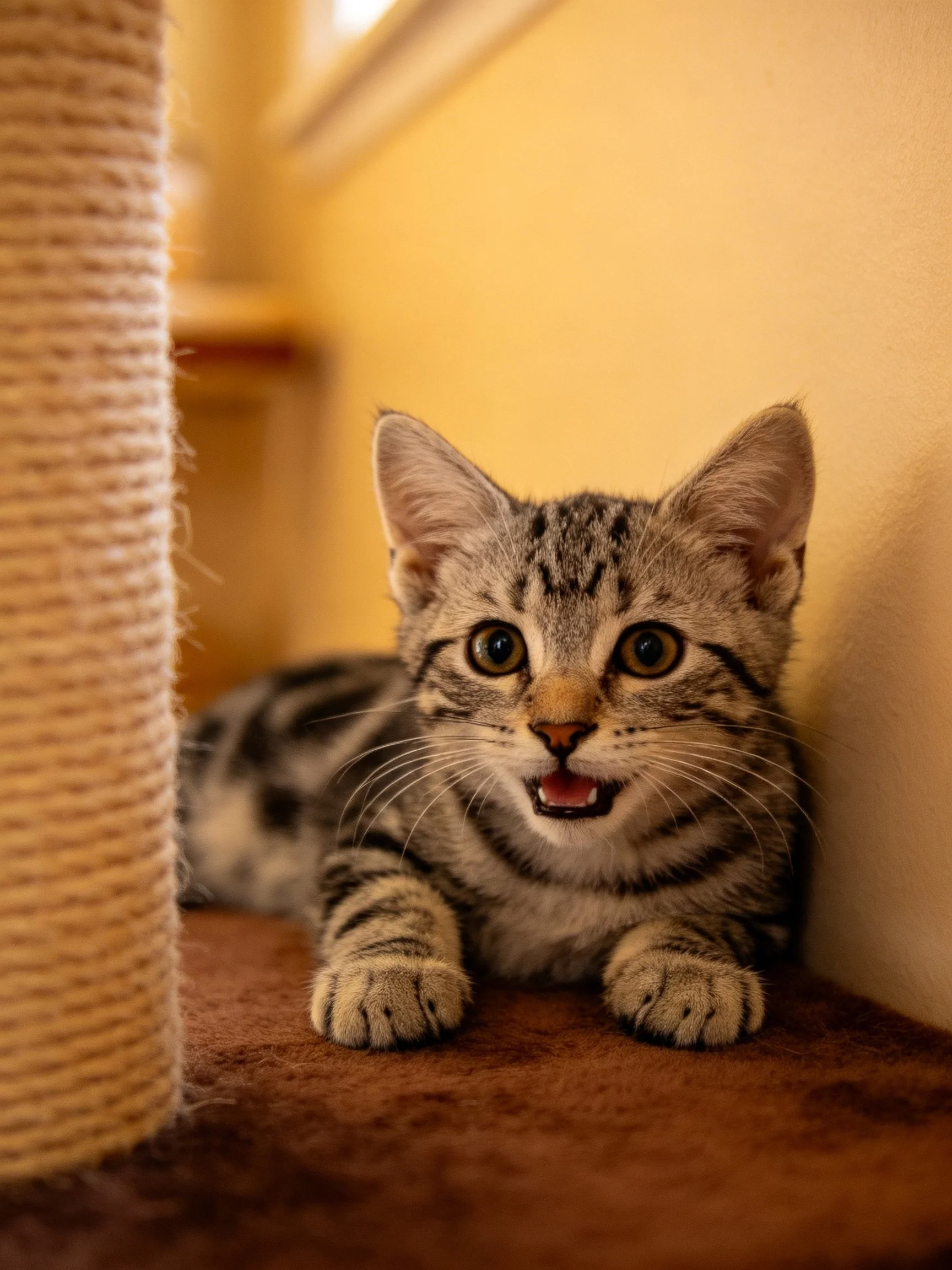 A curious tabby kitten resting near a scratching post